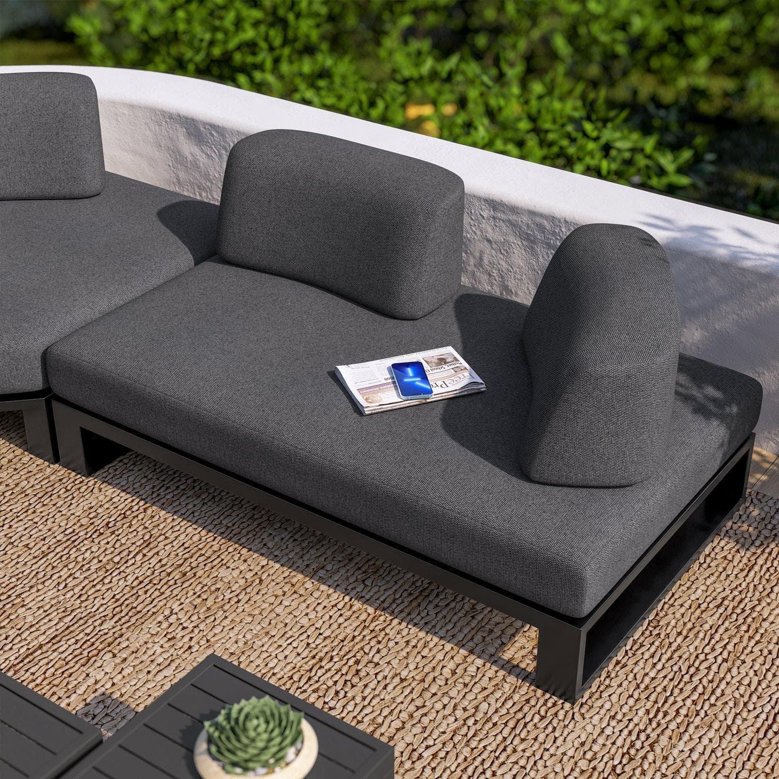 Divano angolare da giardino 5 posti in alluminio antracite e tessuto olefin grigio scuro - Haven
