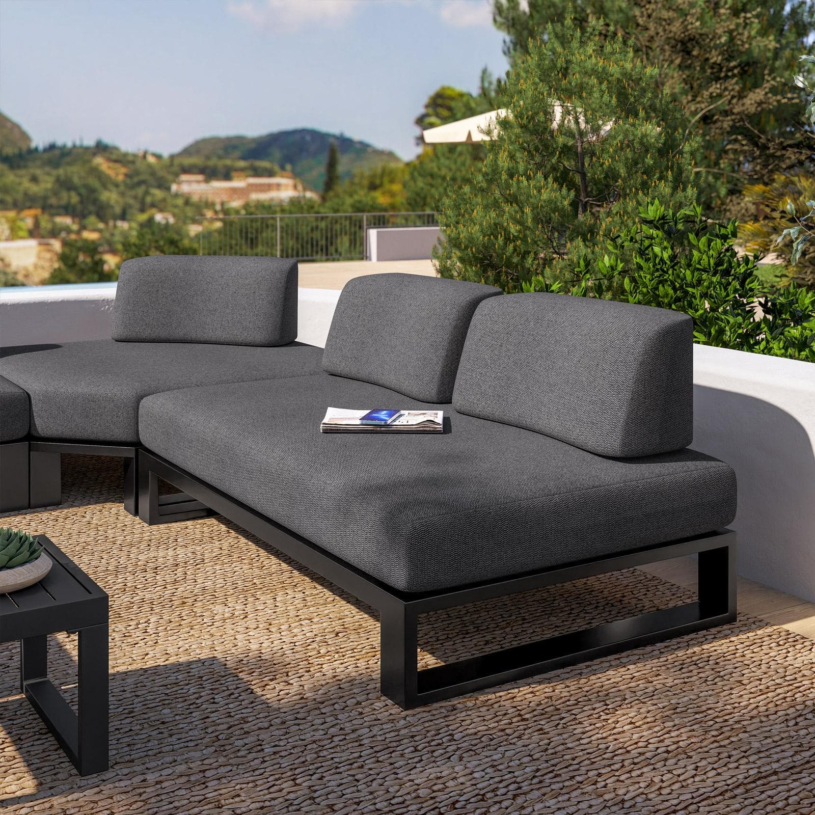 Divano angolare da giardino 5 posti in alluminio antracite e tessuto olefin grigio scuro - Haven