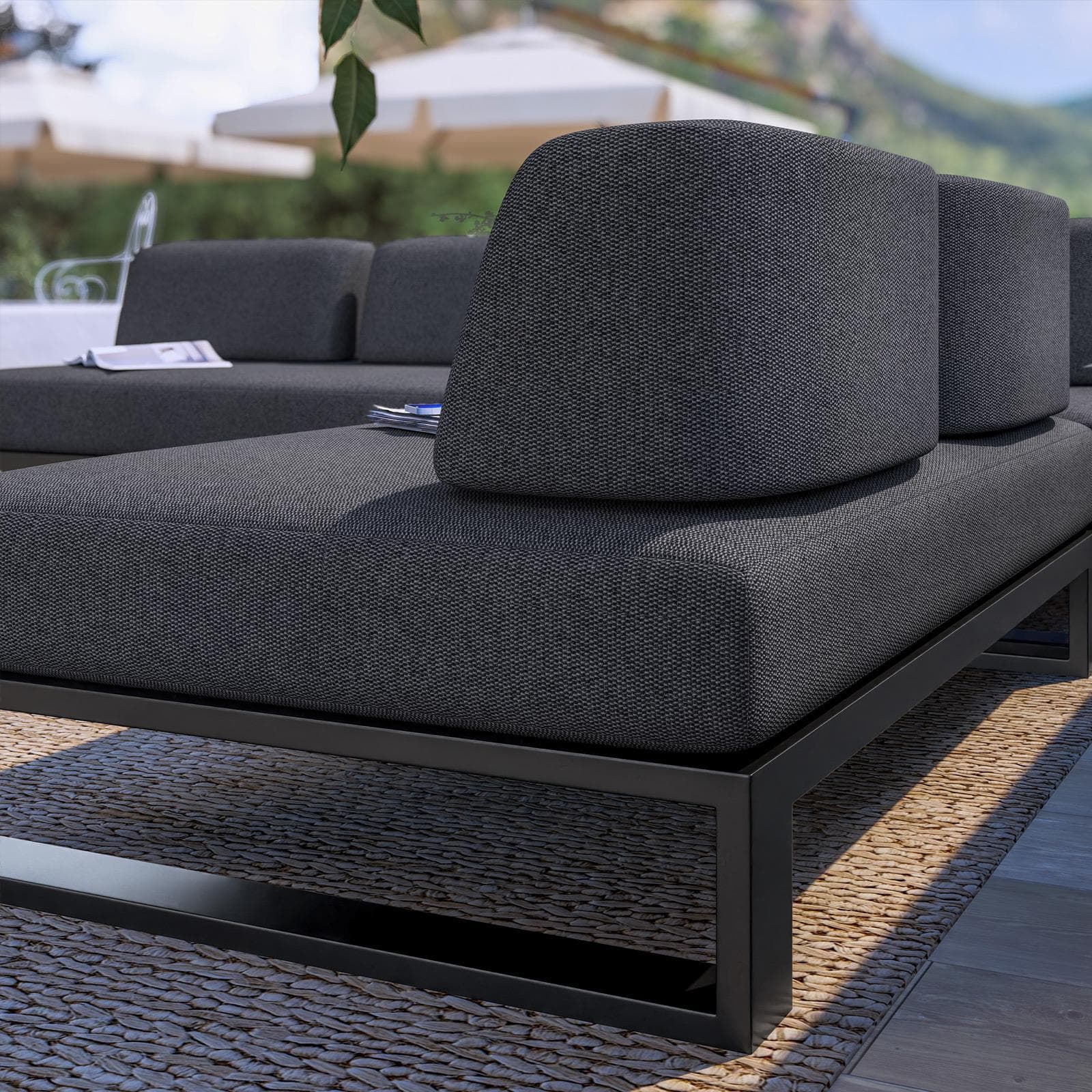 Divano angolare da giardino 5 posti in alluminio antracite e tessuto olefin grigio scuro - Haven