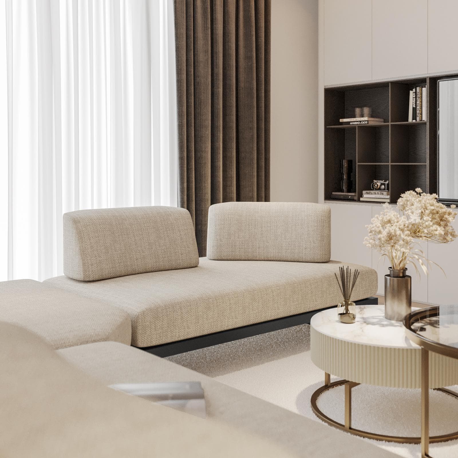 Divano angolare 5 posti in tessuto olefin beige e alluminio antracite - Haven