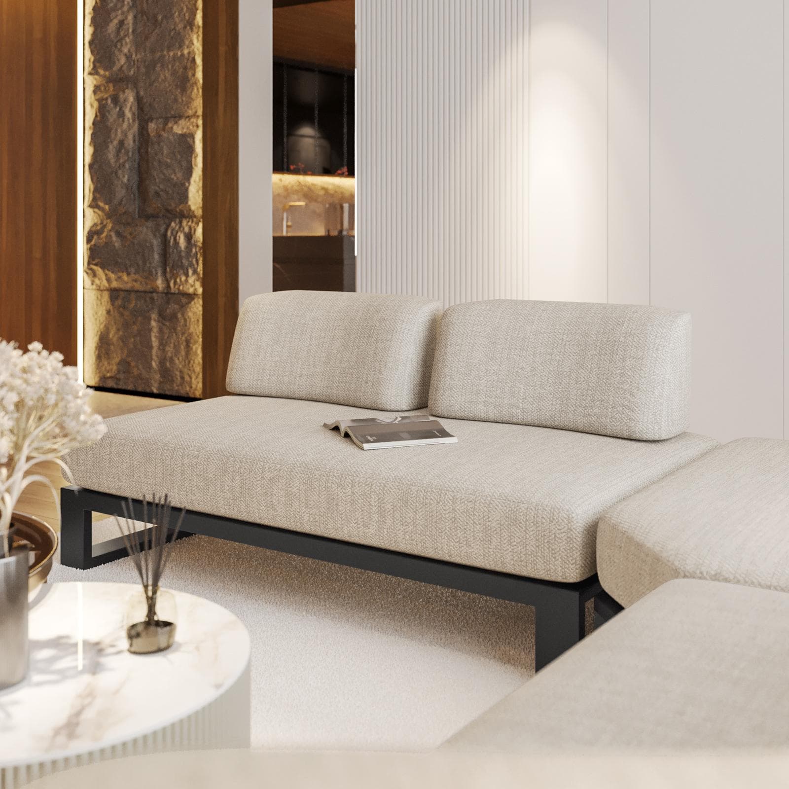 Divano angolare 5 posti in tessuto olefin beige e alluminio antracite - Haven