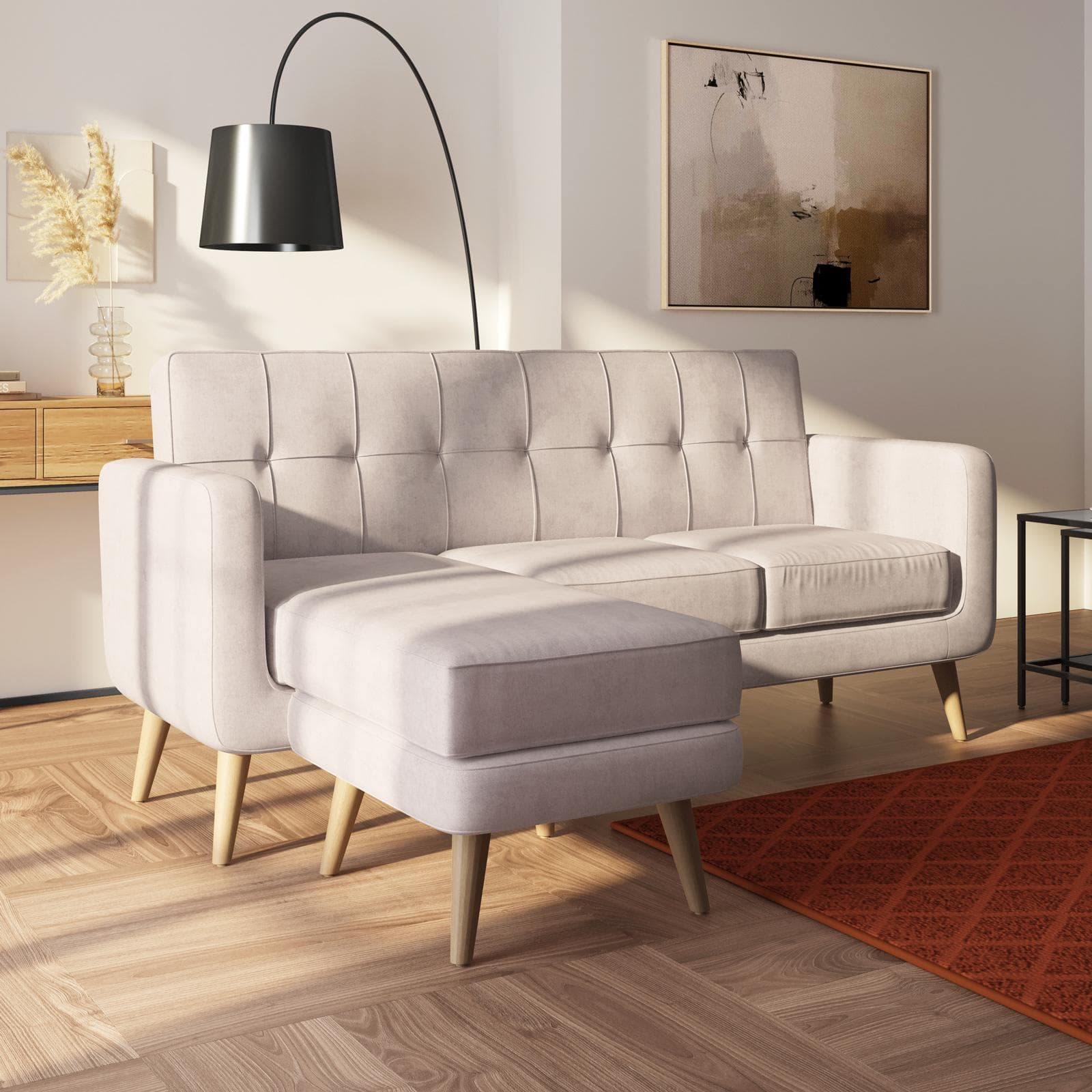 Divano tre posti in tessuto crema e gambe in legno con chaise longue reversibile - Kaleo