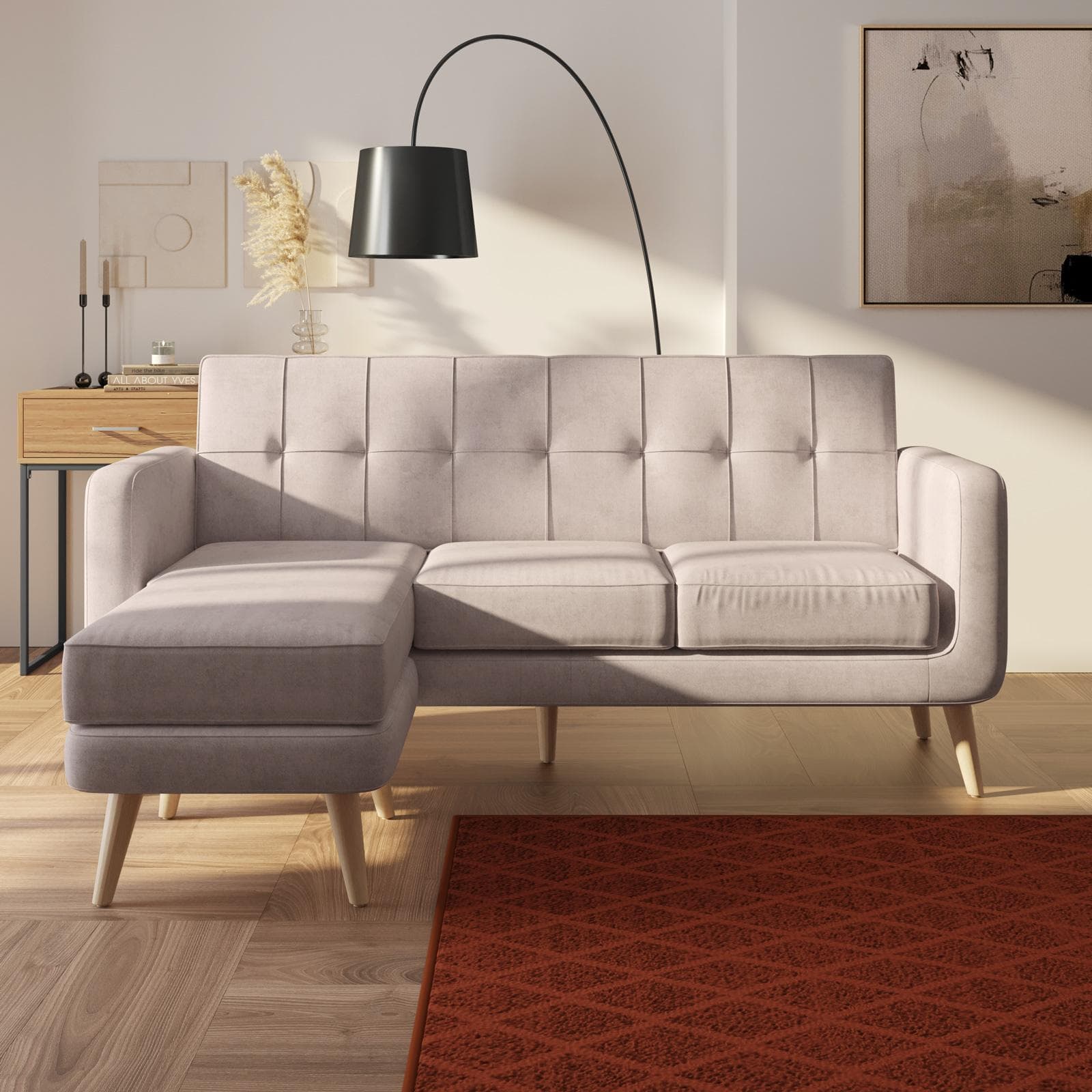 Divano tre posti in tessuto crema e gambe in legno con chaise longue reversibile - Kaleo