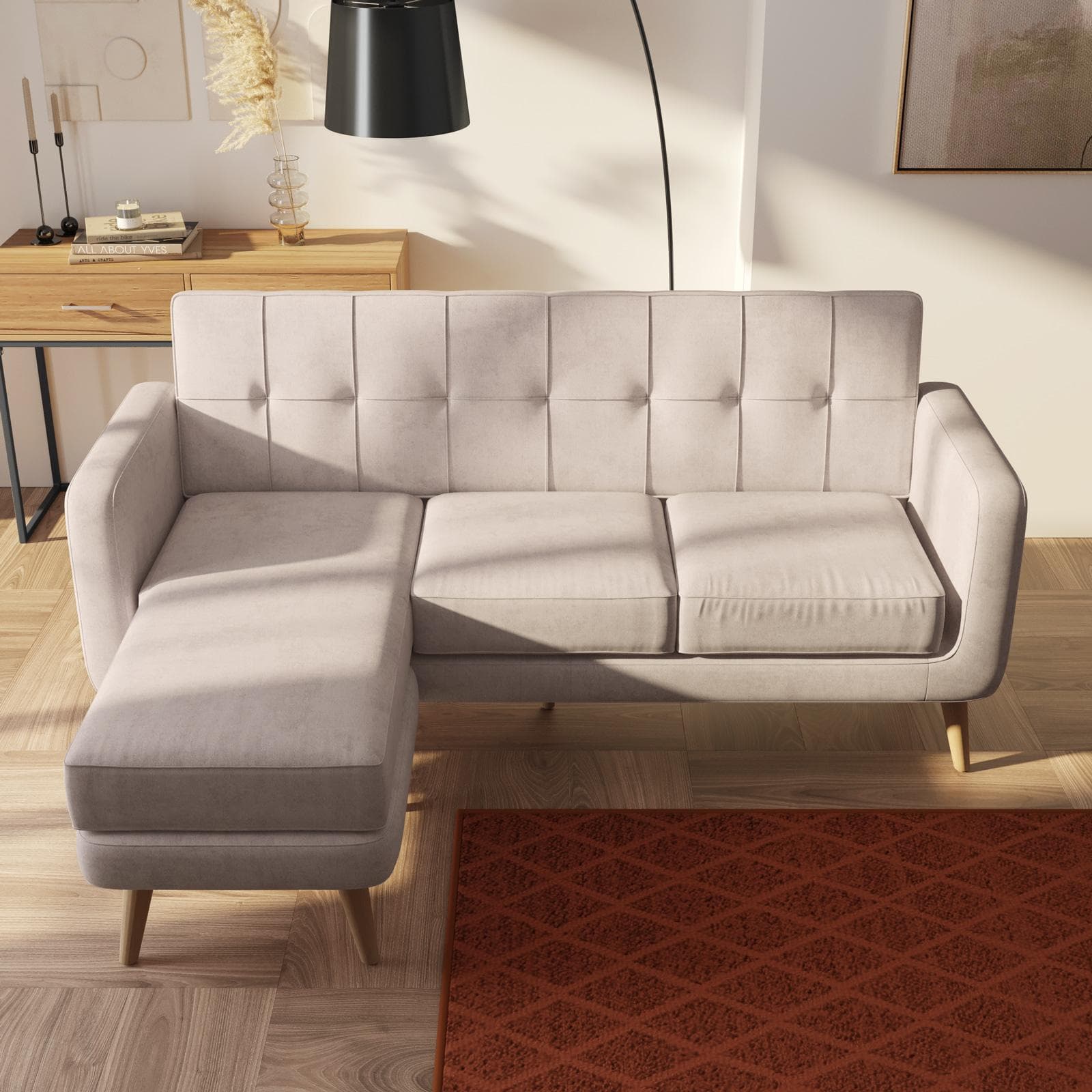 Divano tre posti in tessuto crema e gambe in legno con chaise longue reversibile - Kaleo