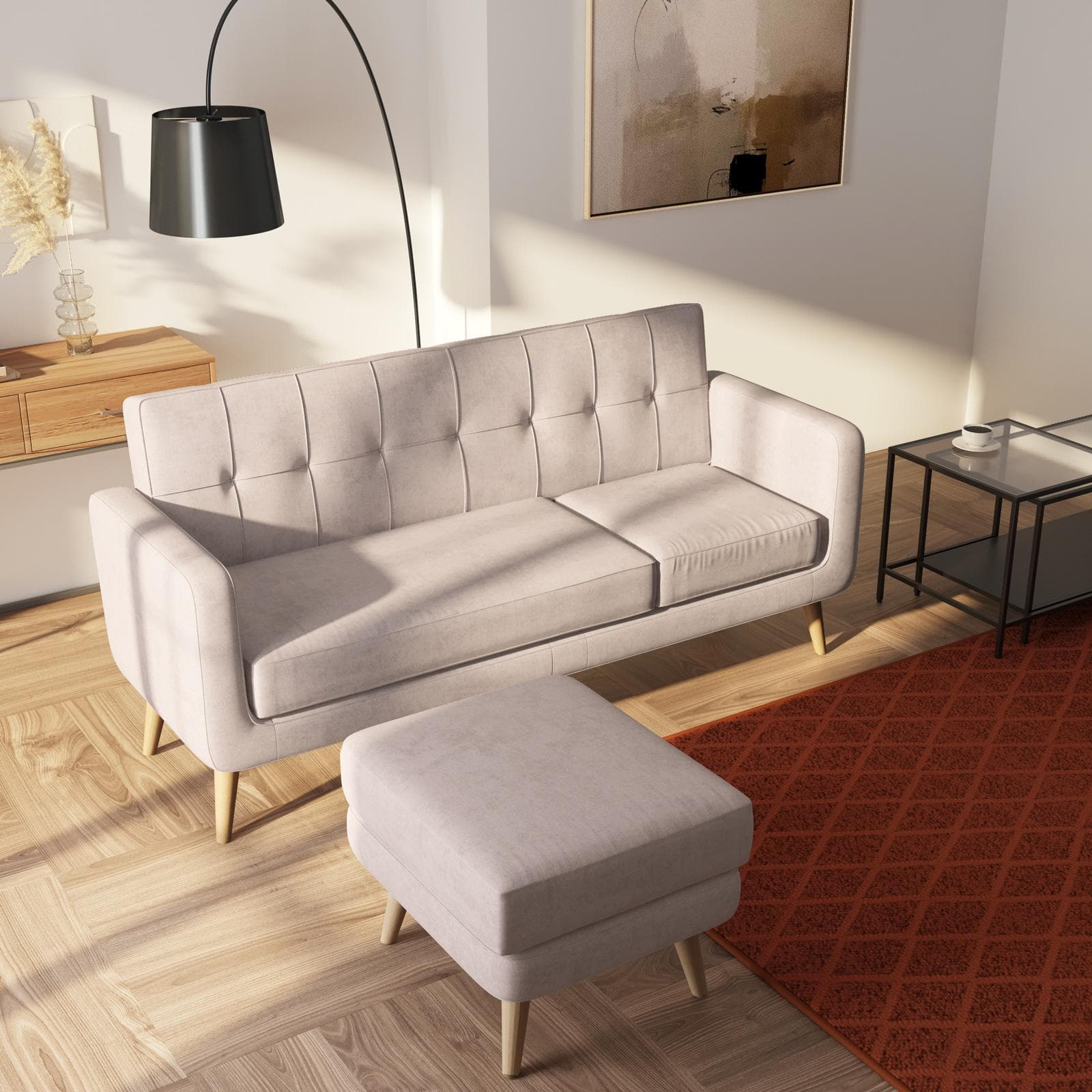 Divano tre posti in tessuto crema e gambe in legno con chaise longue reversibile - Kaleo
