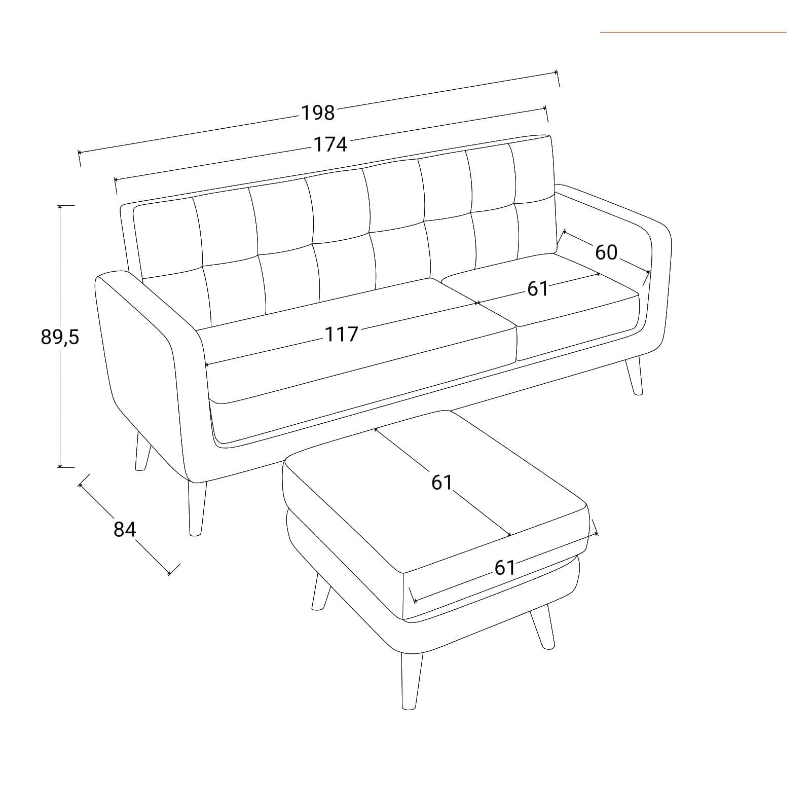 Divano tre posti in tessuto crema e gambe in legno con chaise longue reversibile - Kaleo