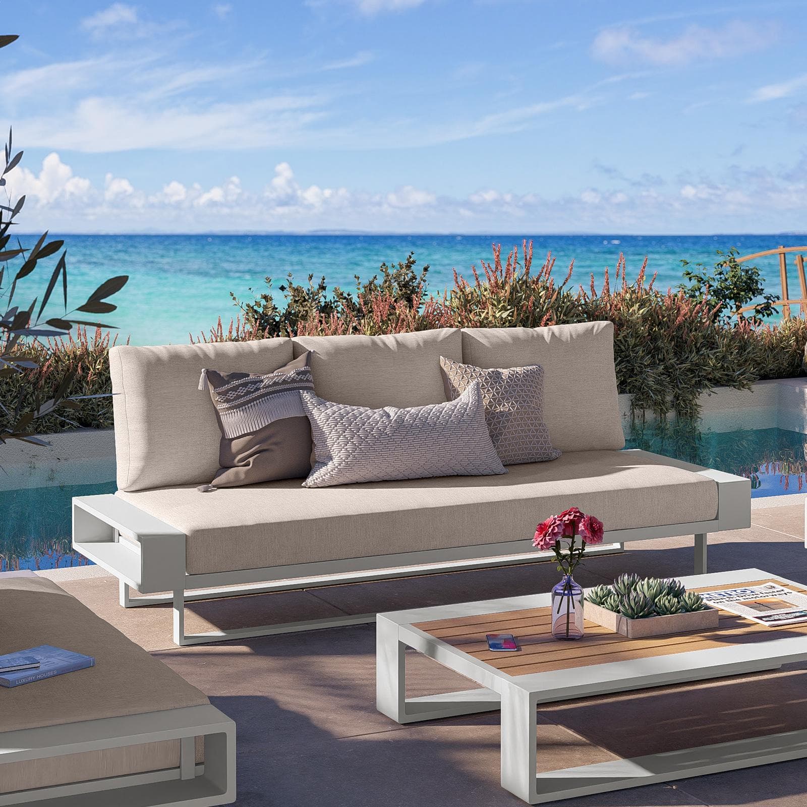 Divano da giardino 3 posti in alluminio bianco con cuscini beige - Parfa