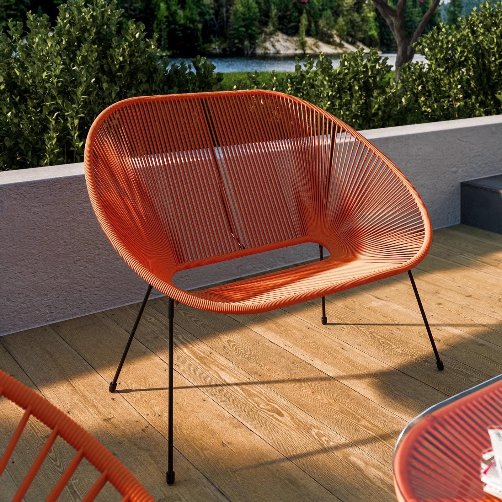 Divano da giardino in metallo nero rivestito in corda arancione - Kalimba