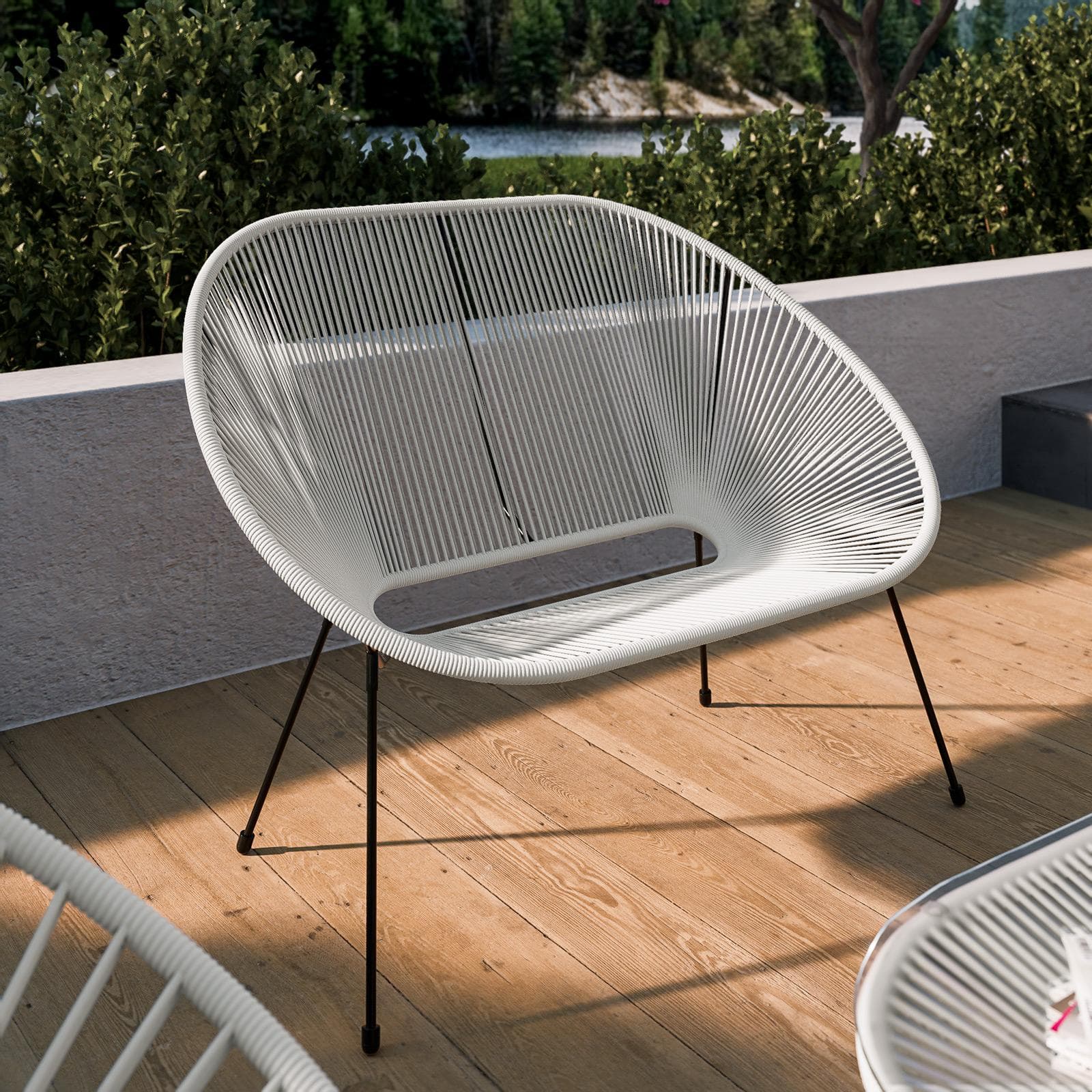 Divano da giardino in metallo nero rivestito in corda bianca - Kalimba