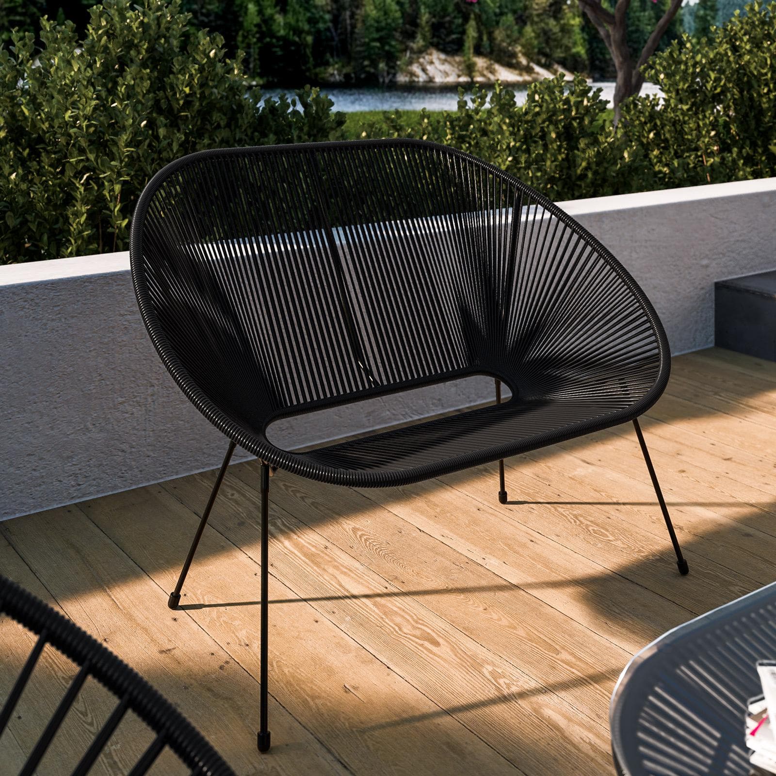 Divano da giardino in metallo nero rivestito in corda nera - Kalimba