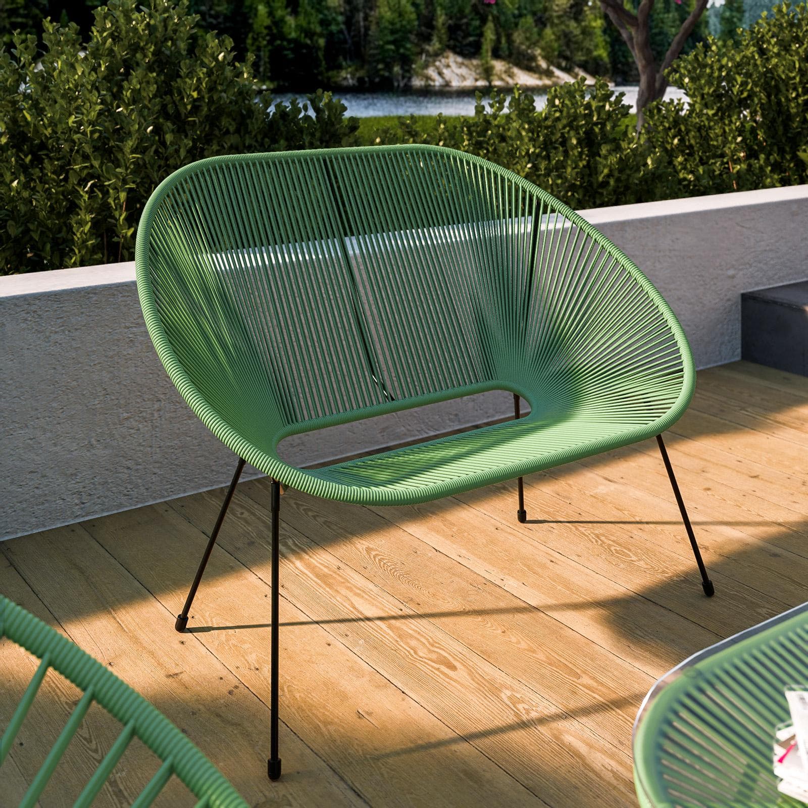 Divano da giardino in metallo nero rivestito in corda verde - Kalimba