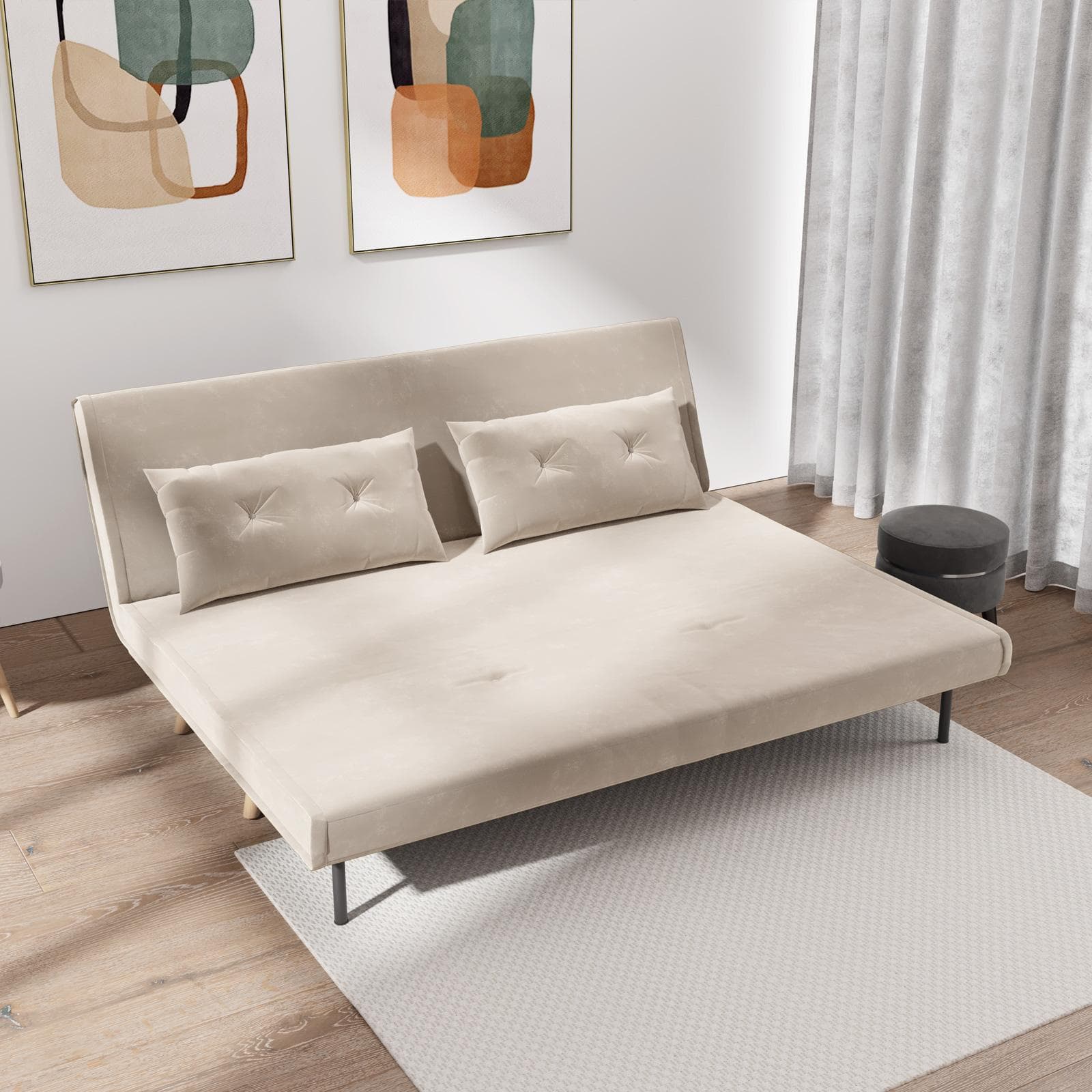 Divano letto 2 posti in velluto beige con schienale regolabile in 6 posizioni - Terat