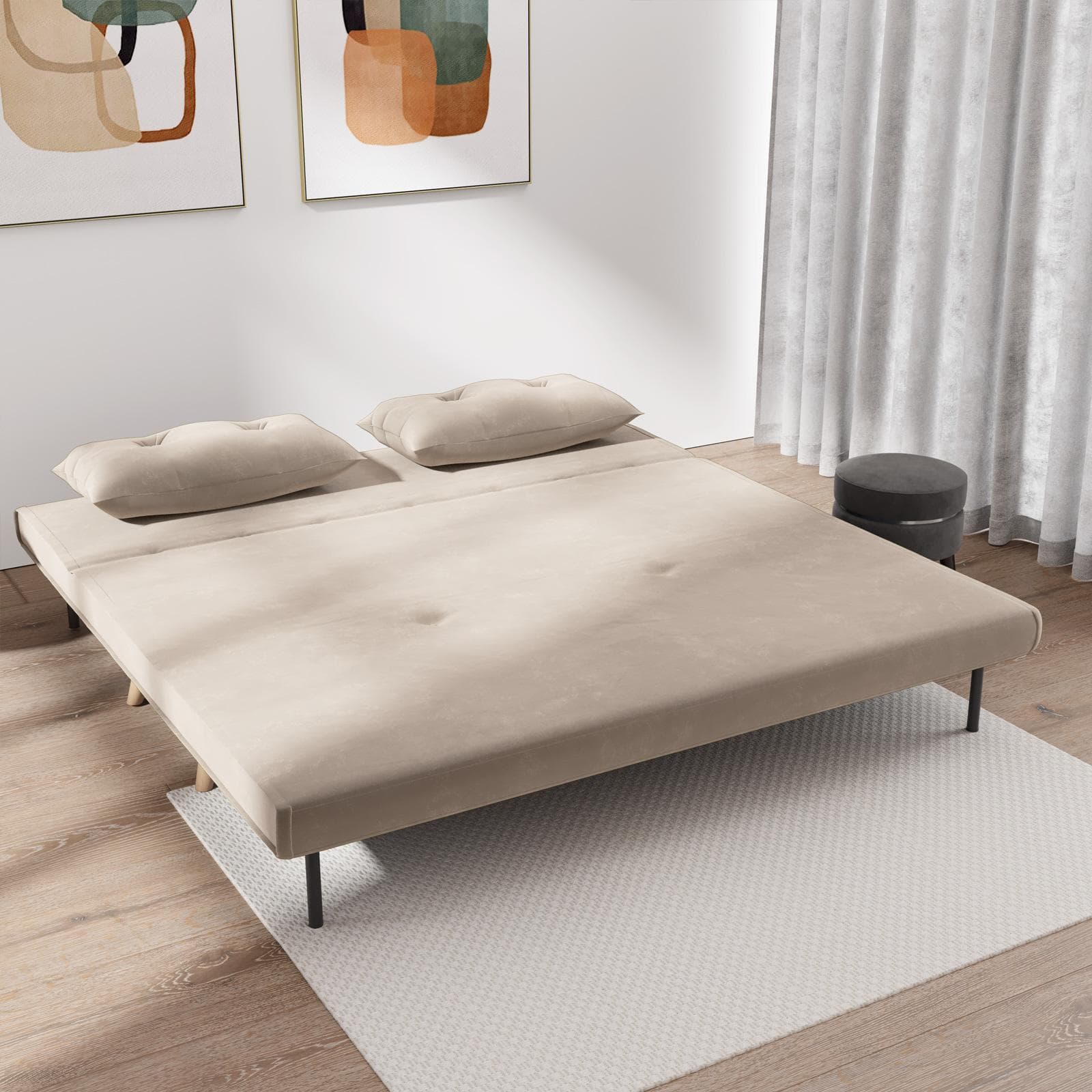 Divano letto 2 posti in velluto beige con schienale regolabile in 6 posizioni - Terat