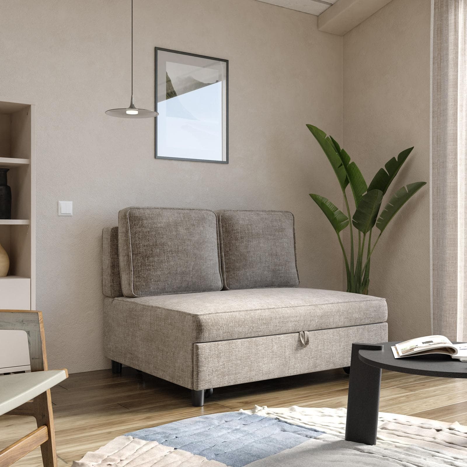Divano letto 2 posti in ciniglia beige con sistema estraibile e 2 cuscini - Mirrian
