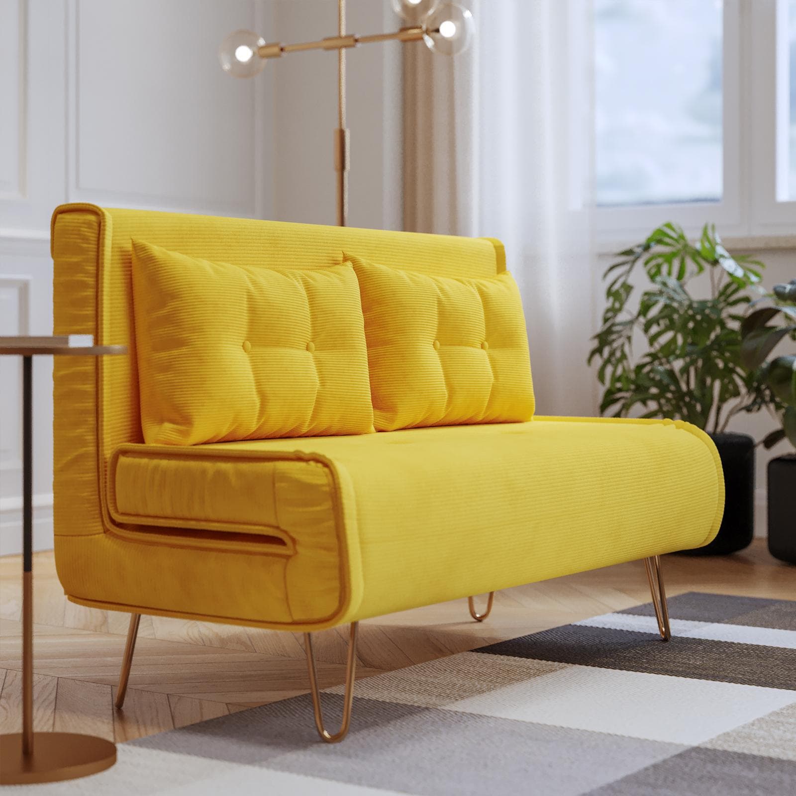 Divano letto 2 posti in velluto a coste giallo con schienale regolabile e gambe oro - Terat Deluxe