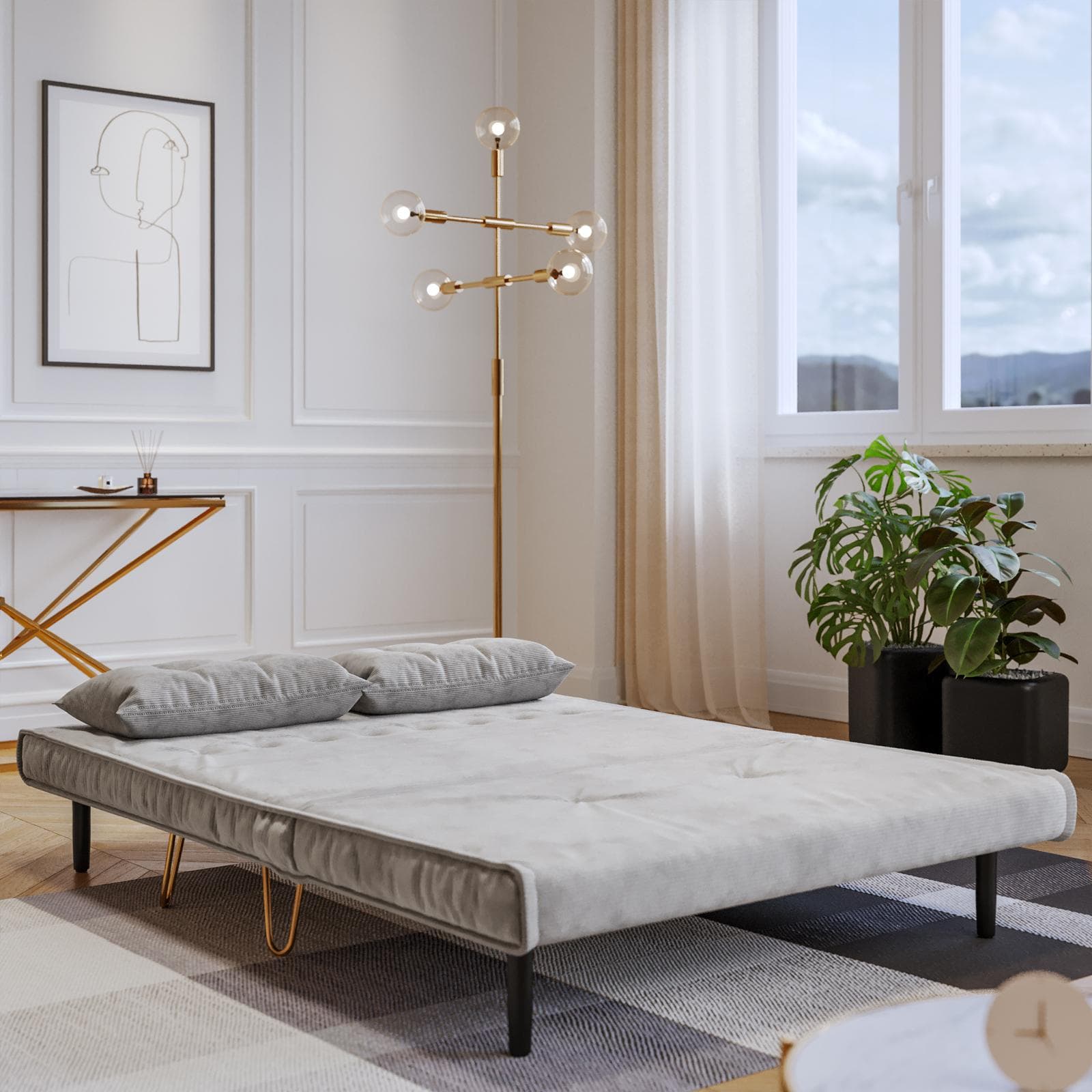 Divano letto 2 posti in velluto a coste grigio chiaro con schienale regolabile e gambe oro - Terat Deluxe