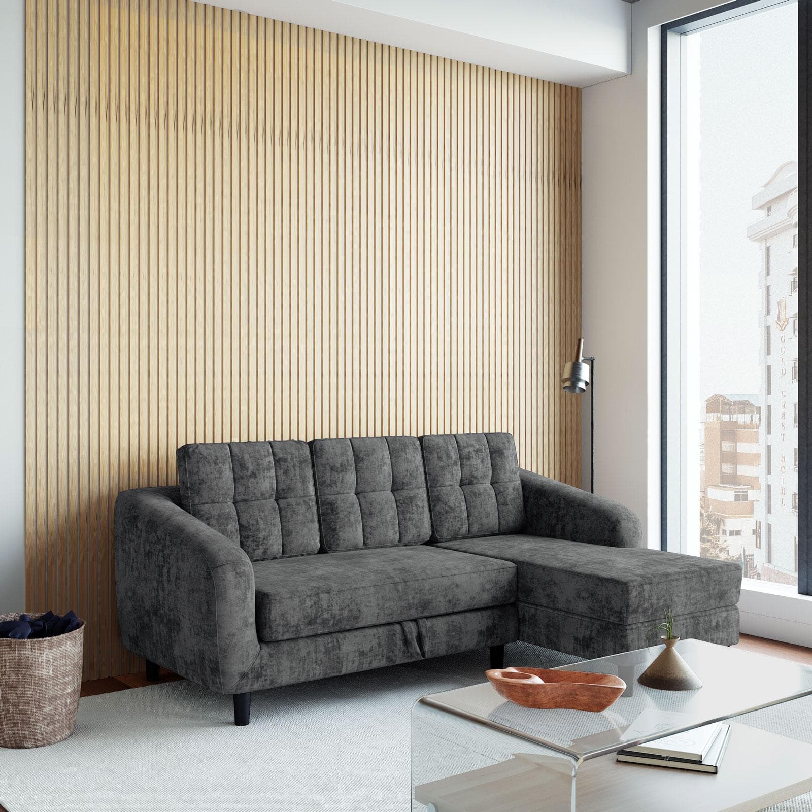 Divano letto 3 posti con sistema estraibile in tessuto antracite e con chaise longue destra - Jago