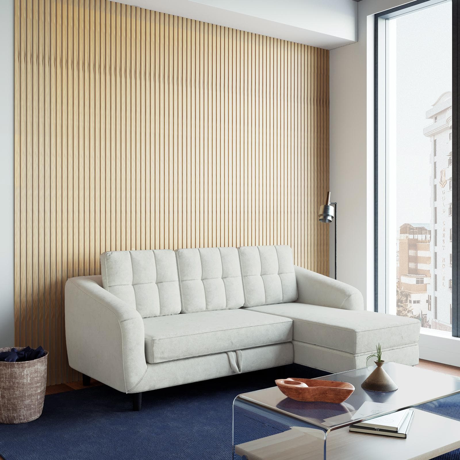Divano letto 3 posti con sistema estraibile in tessuto beige e con chaise longue destra - Jago