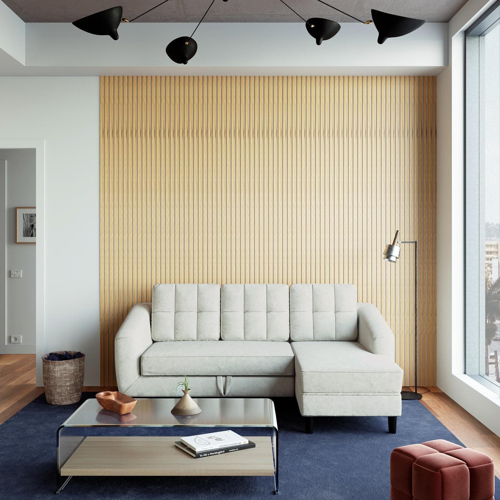 Divano letto 3 posti con sistema estraibile in tessuto beige e con chaise longue destra - Jago