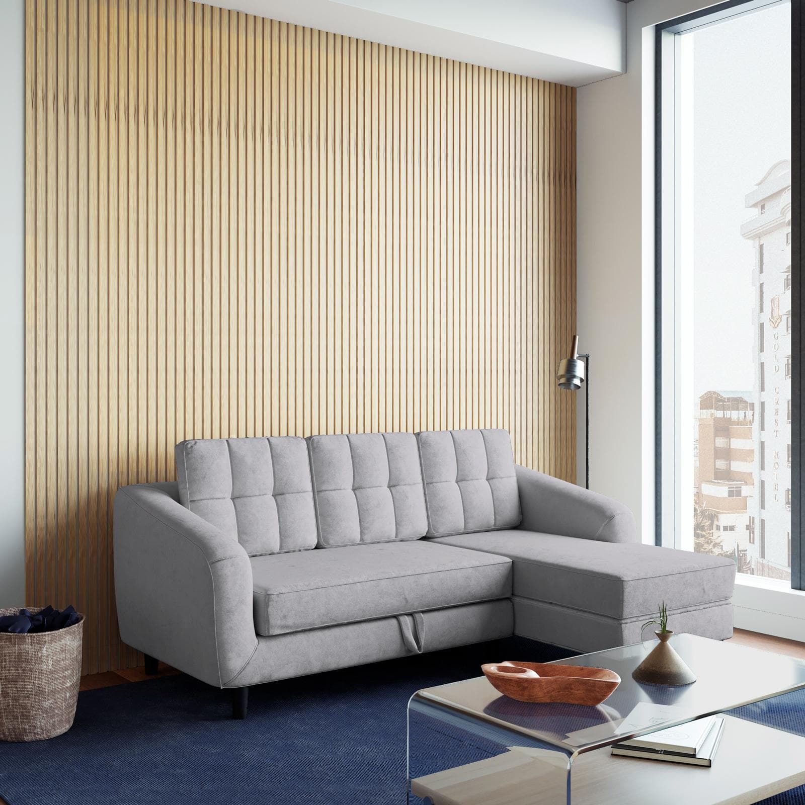 Divano letto 3 posti con sistema estraibile in tessuto grigio e con chaise longue destra - Jago