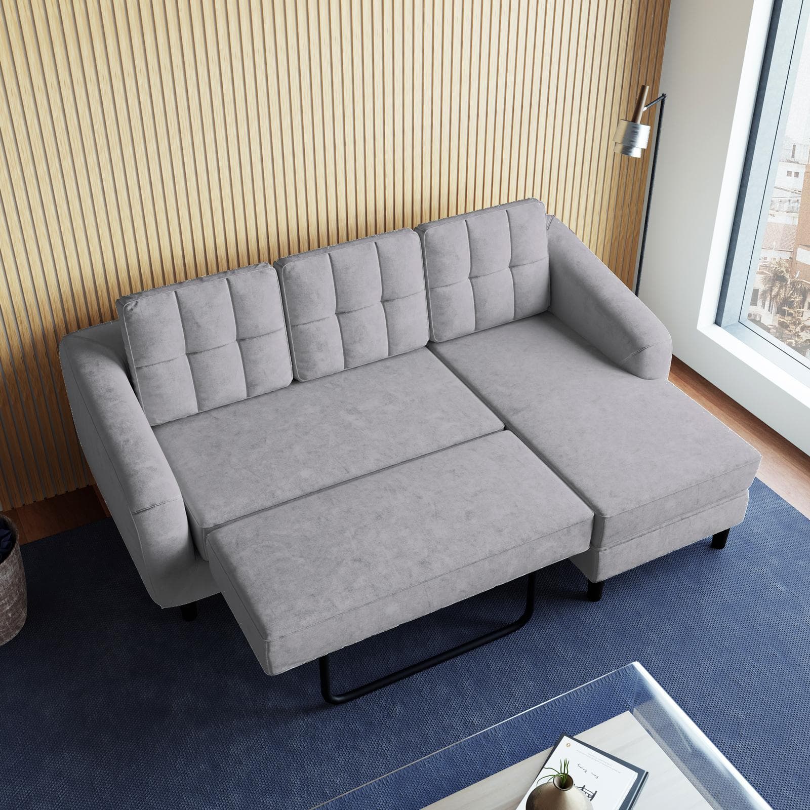 Divano letto 3 posti con sistema estraibile in tessuto grigio e con chaise longue destra - Jago