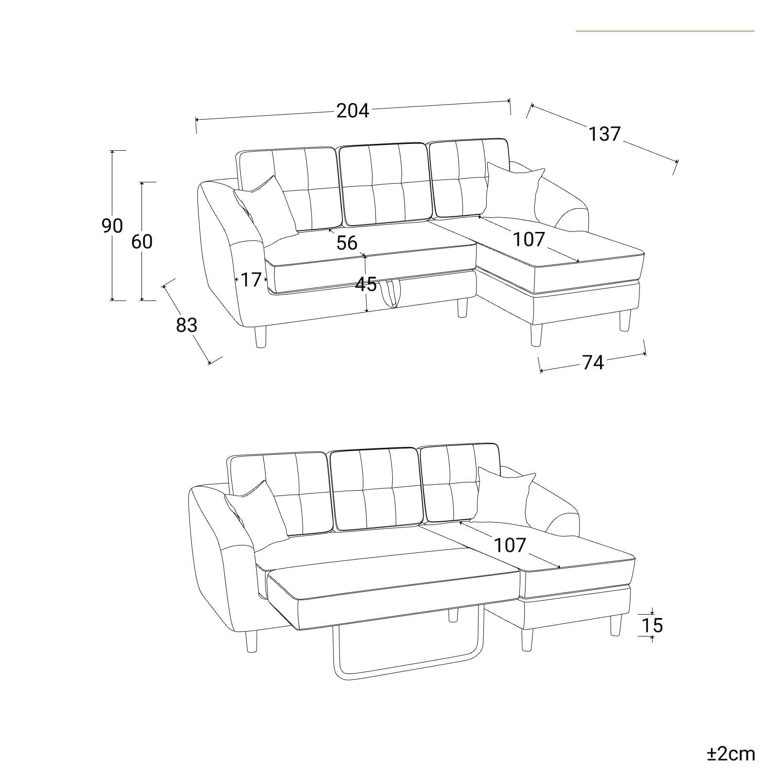 Divano letto 3 posti con sistema estraibile in tessuto grigio e con chaise longue destra - Jago