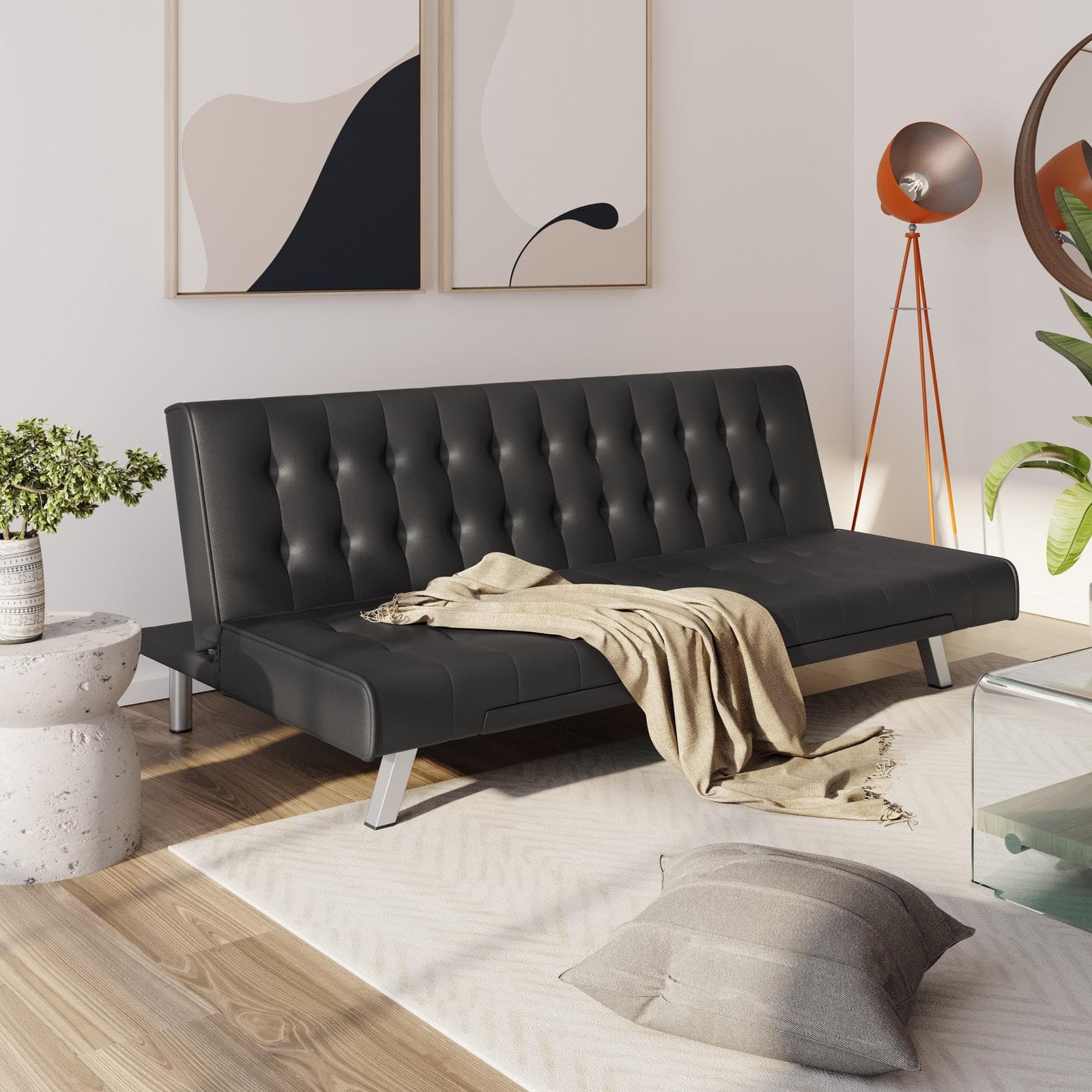 Divano letto 3 posti con schienale reclinabile in similpelle nero - Zachary