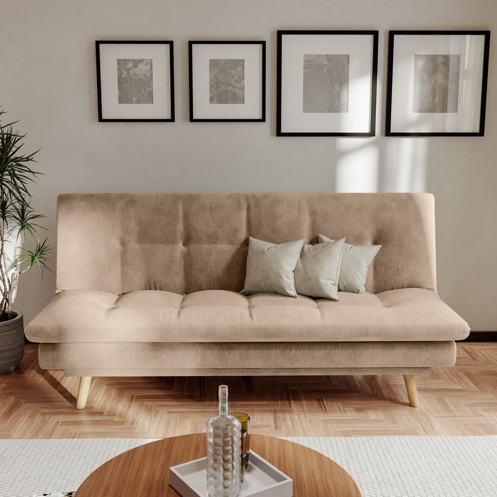 Divano letto 3 posti in tessuto a trama sottile beige con piedi in legno - Breland