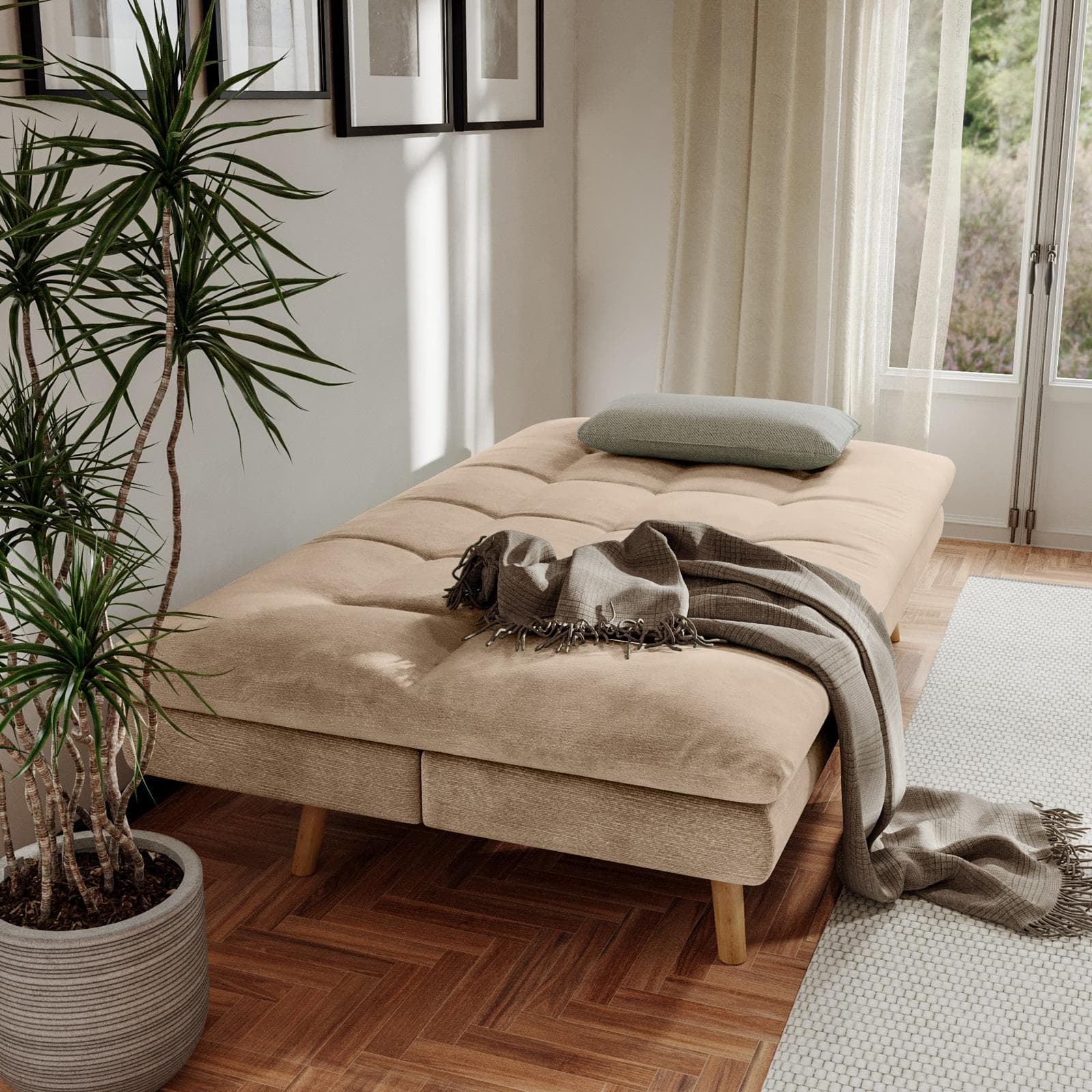 Divano letto 3 posti in tessuto a trama sottile beige con piedi in legno - Breland