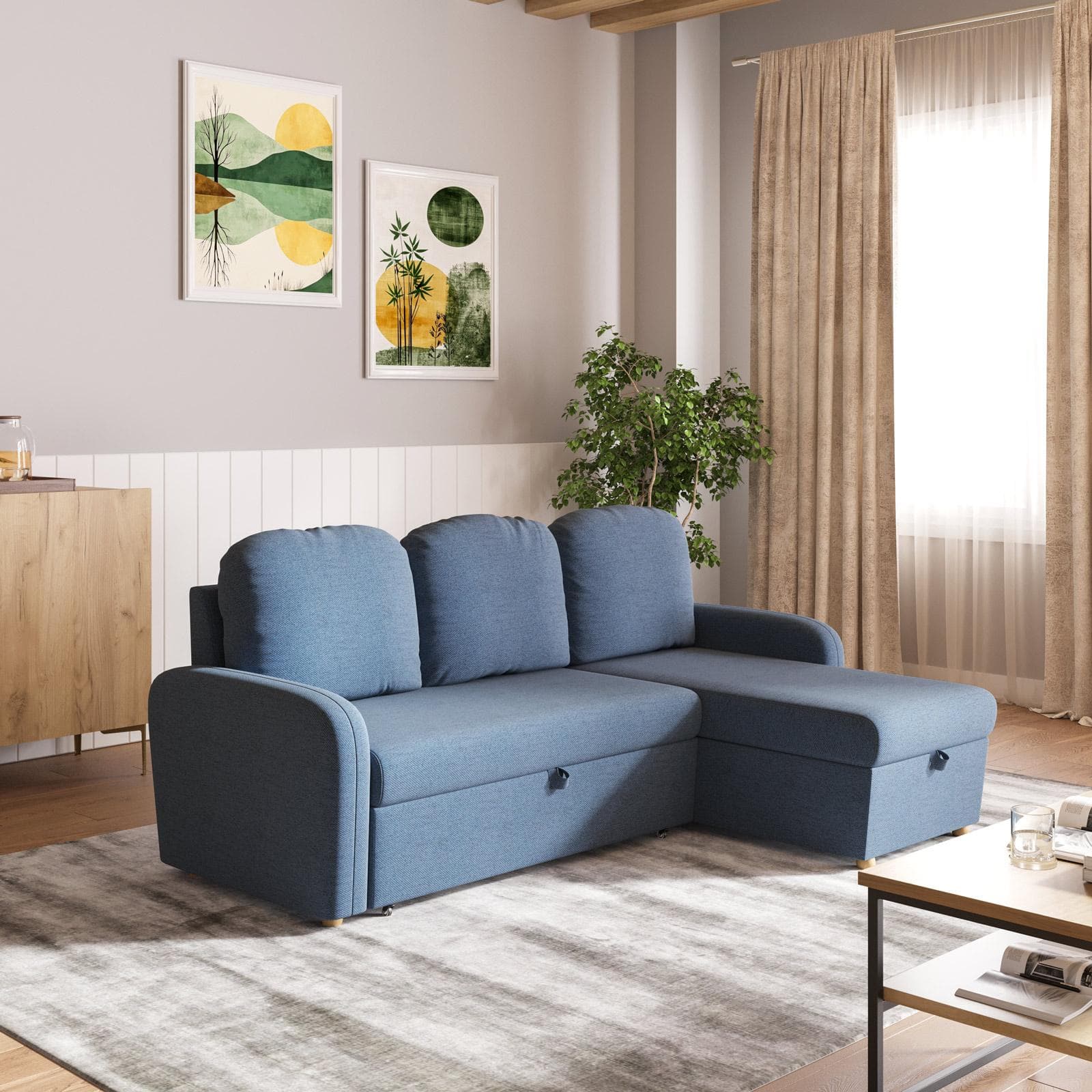 Divano letto 3 posti in tessuto a trama sottile blu jeans con penisola e contenitore - Hayes