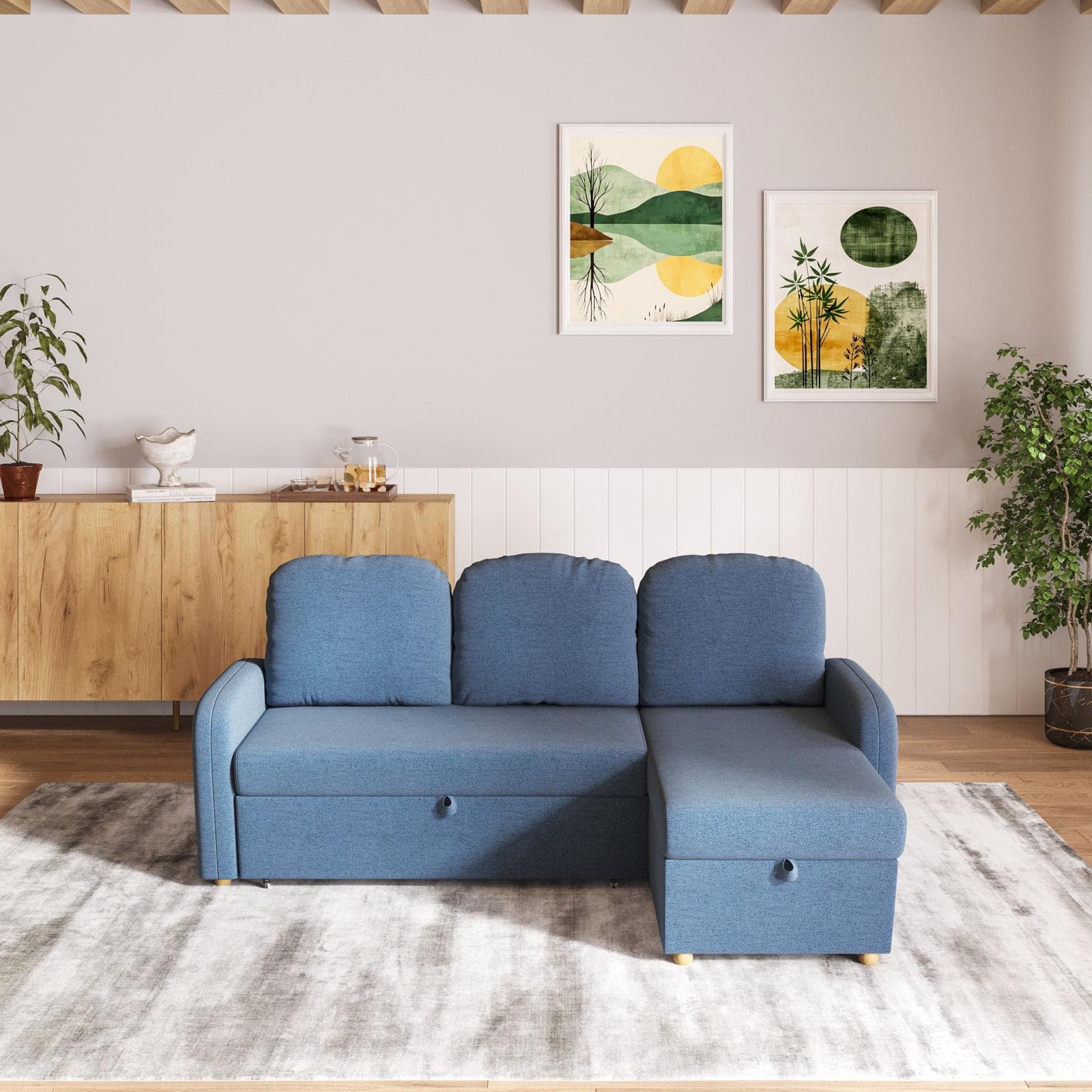 Divano letto 3 posti in tessuto a trama sottile blu jeans con penisola e contenitore - Hayes