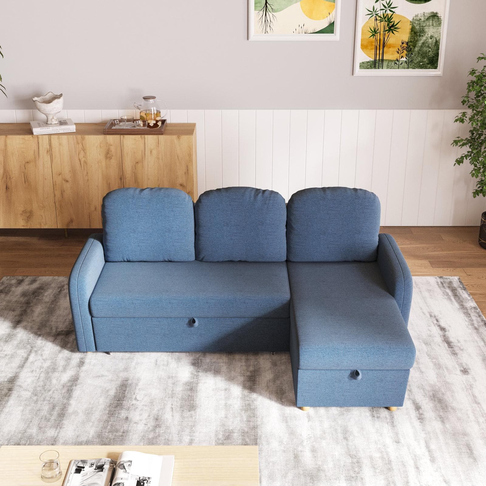 Divano letto 3 posti in tessuto a trama sottile blu jeans con penisola e contenitore - Hayes
