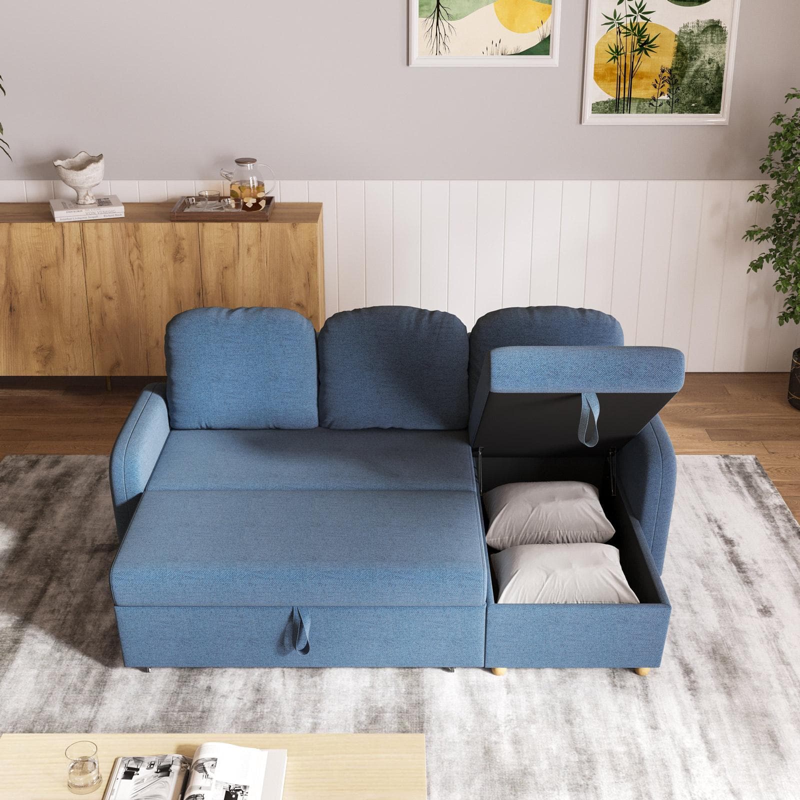 Divano letto 3 posti in tessuto a trama sottile blu jeans con penisola e contenitore - Hayes