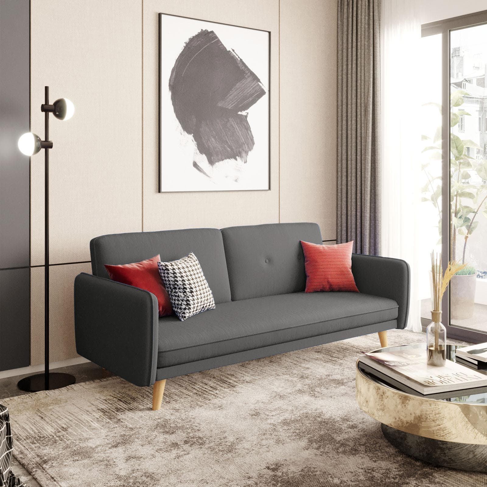 Divano letto 3 posti in tessuto antracite con gambe in legno - Tayler