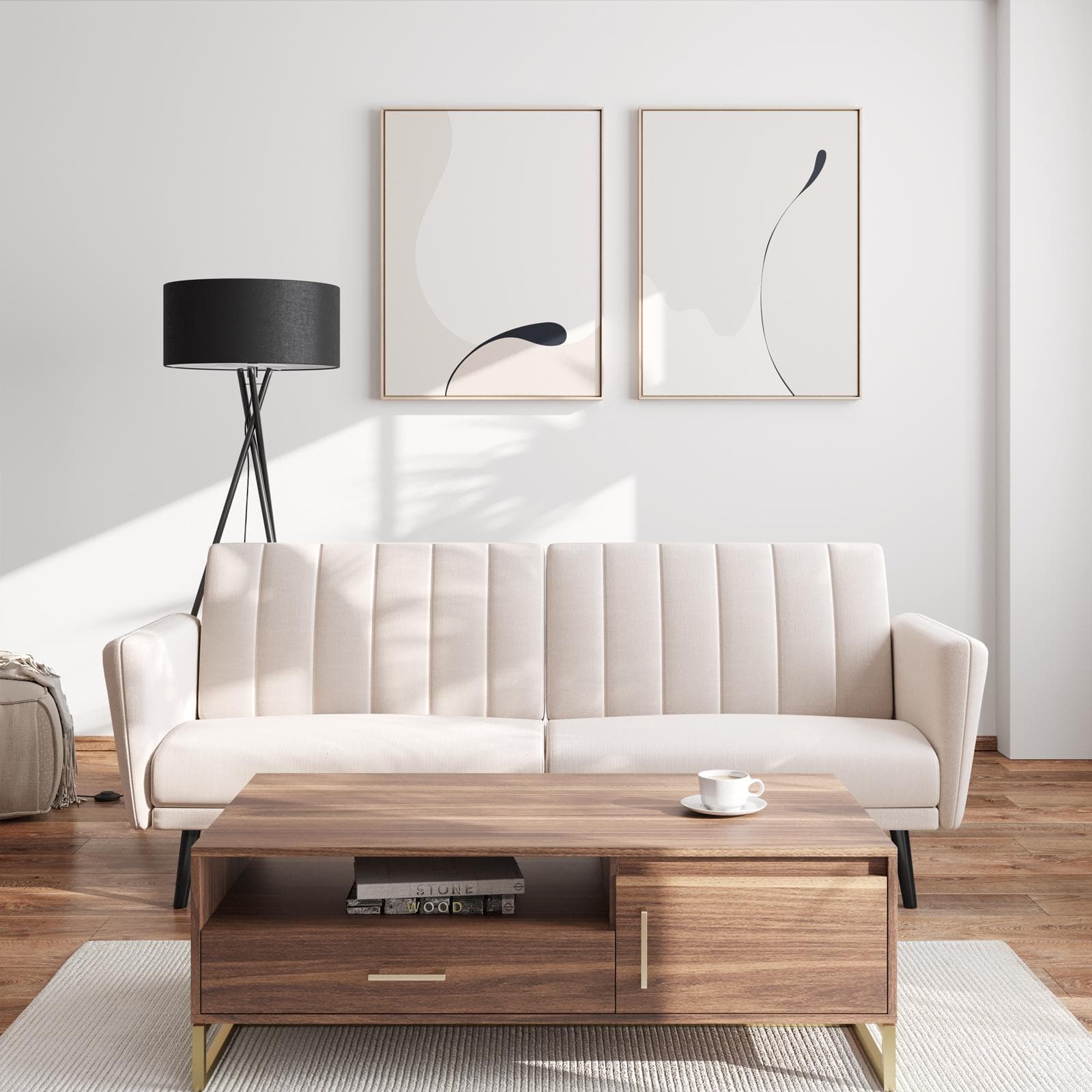 Divano letto reclinabile 3 posti in tessuto beige trapuntato - Carnival