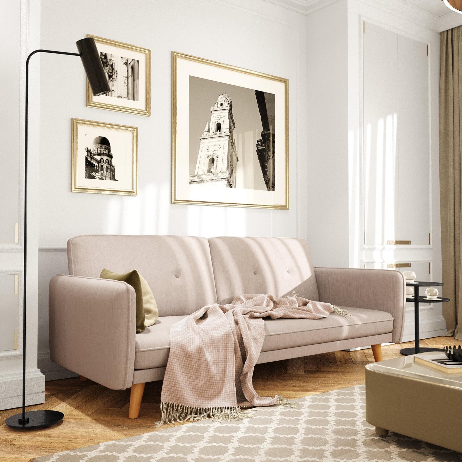 Divano letto 3 posti in tessuto beige con gambe in legno - Tayler