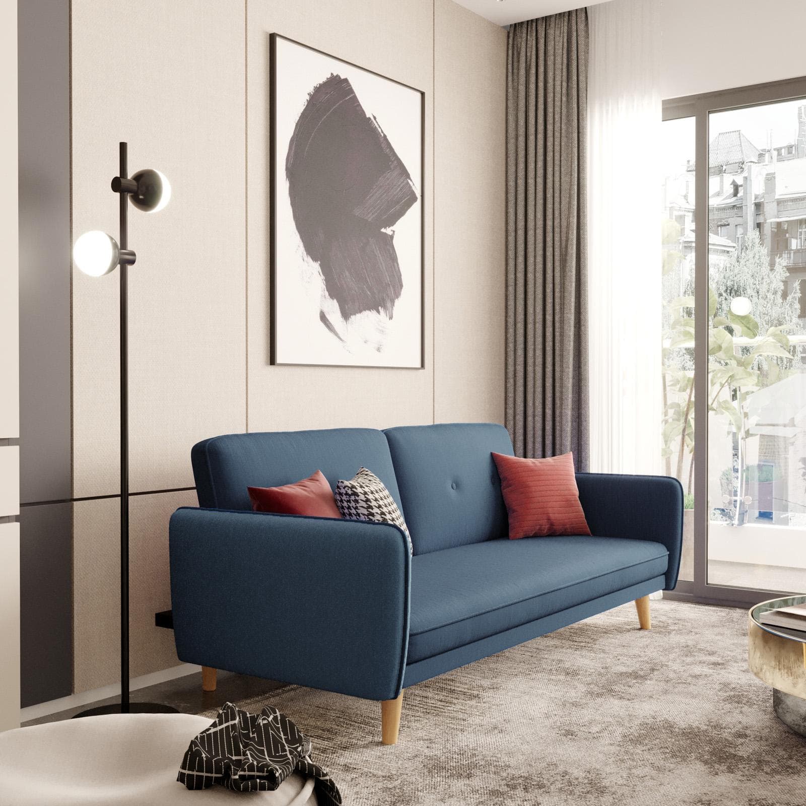 Divano letto 3 posti in tessuto blu con gambe in legno - Tayler