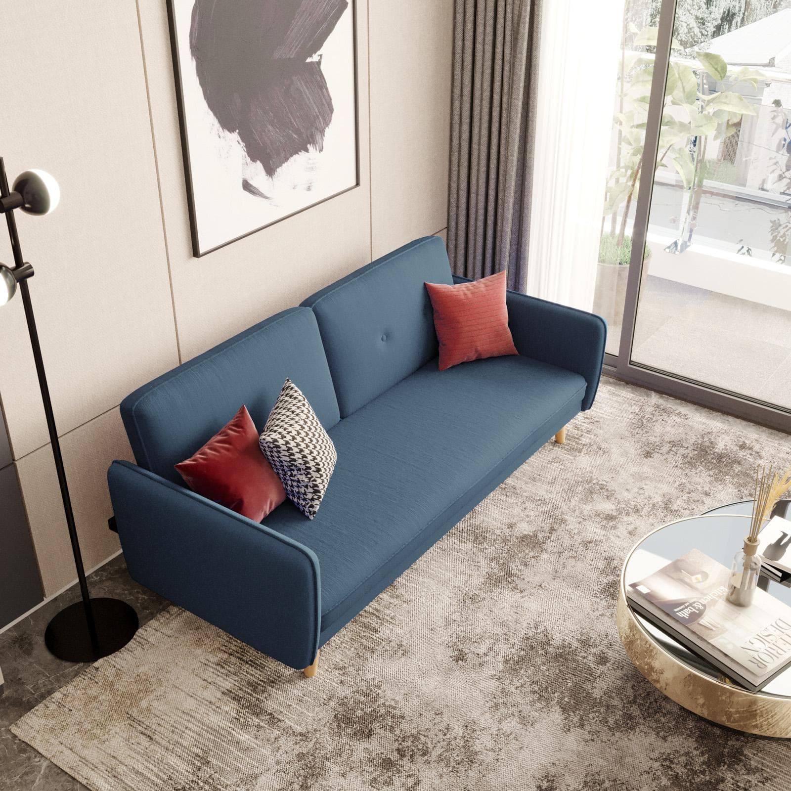 Divano letto 3 posti in tessuto blu con gambe in legno - Tayler