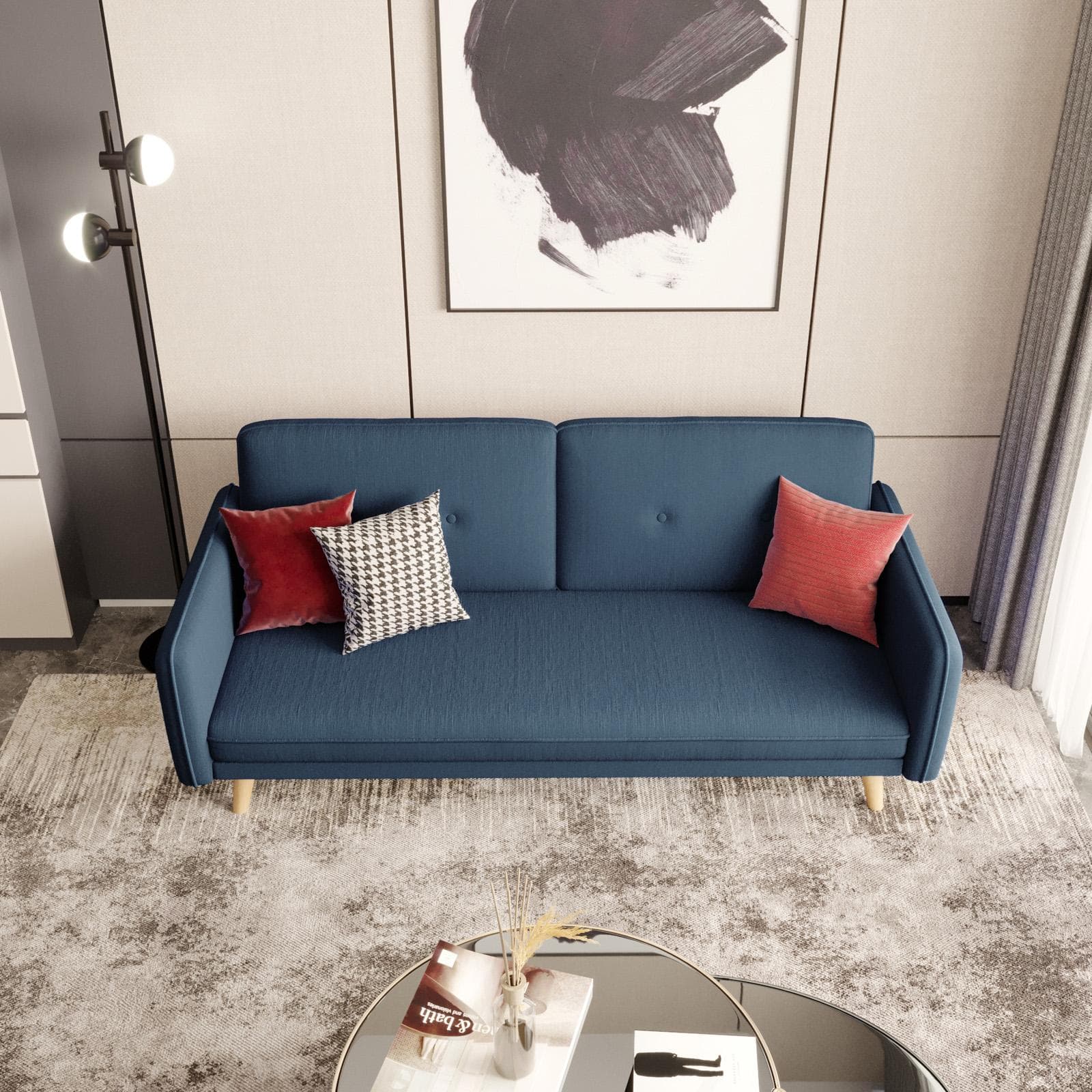 Divano letto 3 posti in tessuto blu con gambe in legno - Tayler