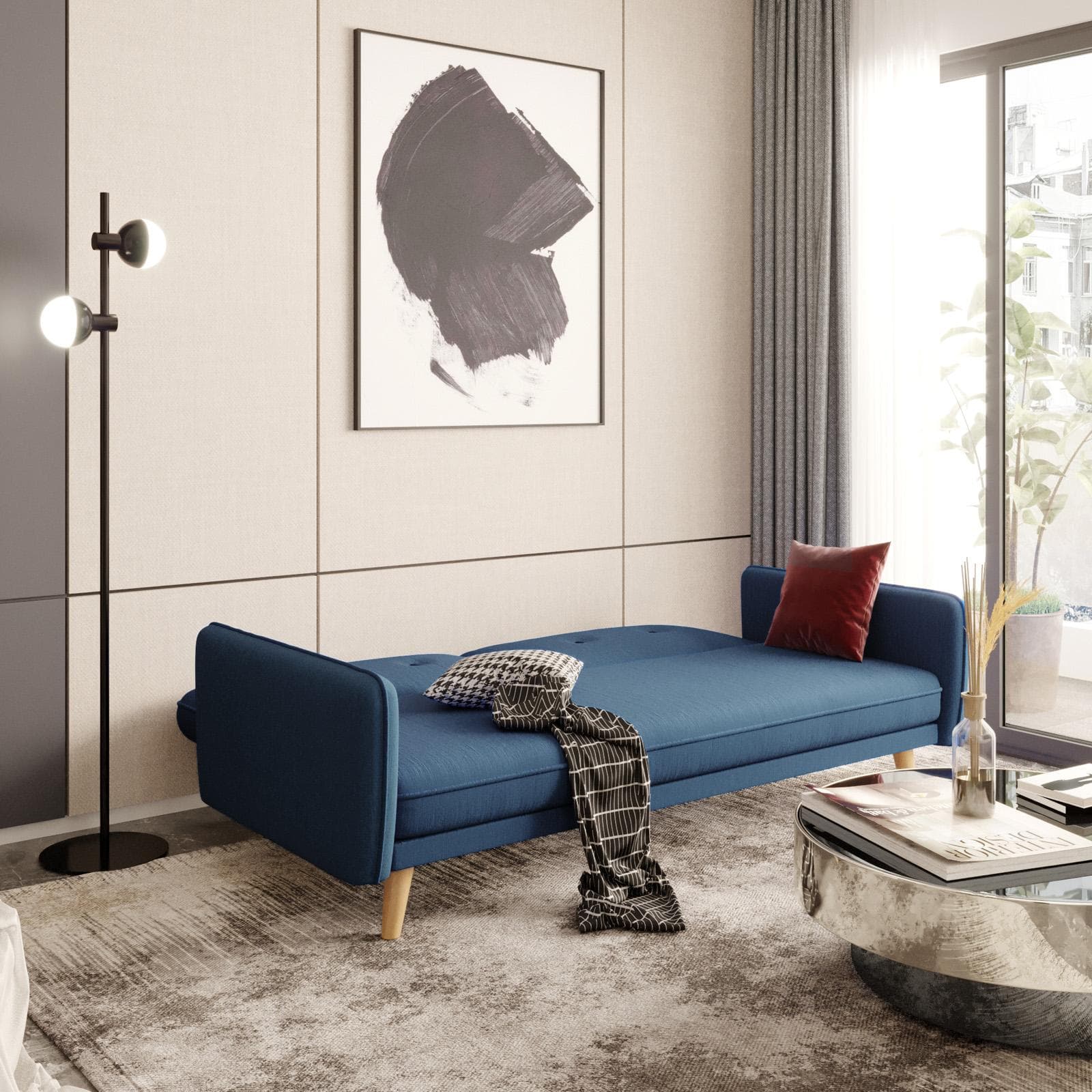Divano letto 3 posti in tessuto blu con gambe in legno - Tayler