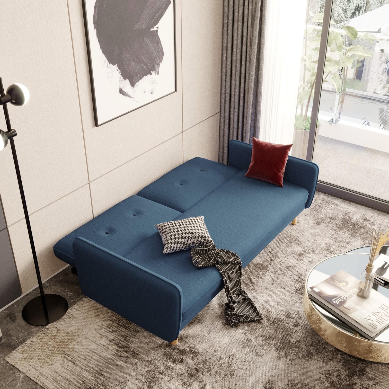 Divano letto 3 posti in tessuto blu con gambe in legno - Tayler