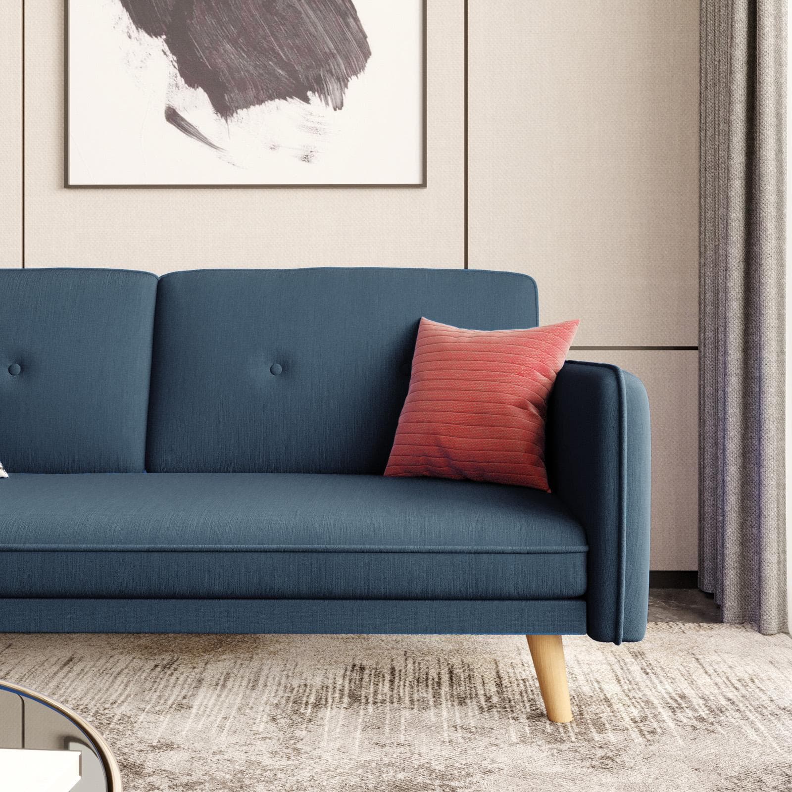 Divano letto 3 posti in tessuto blu con gambe in legno - Tayler