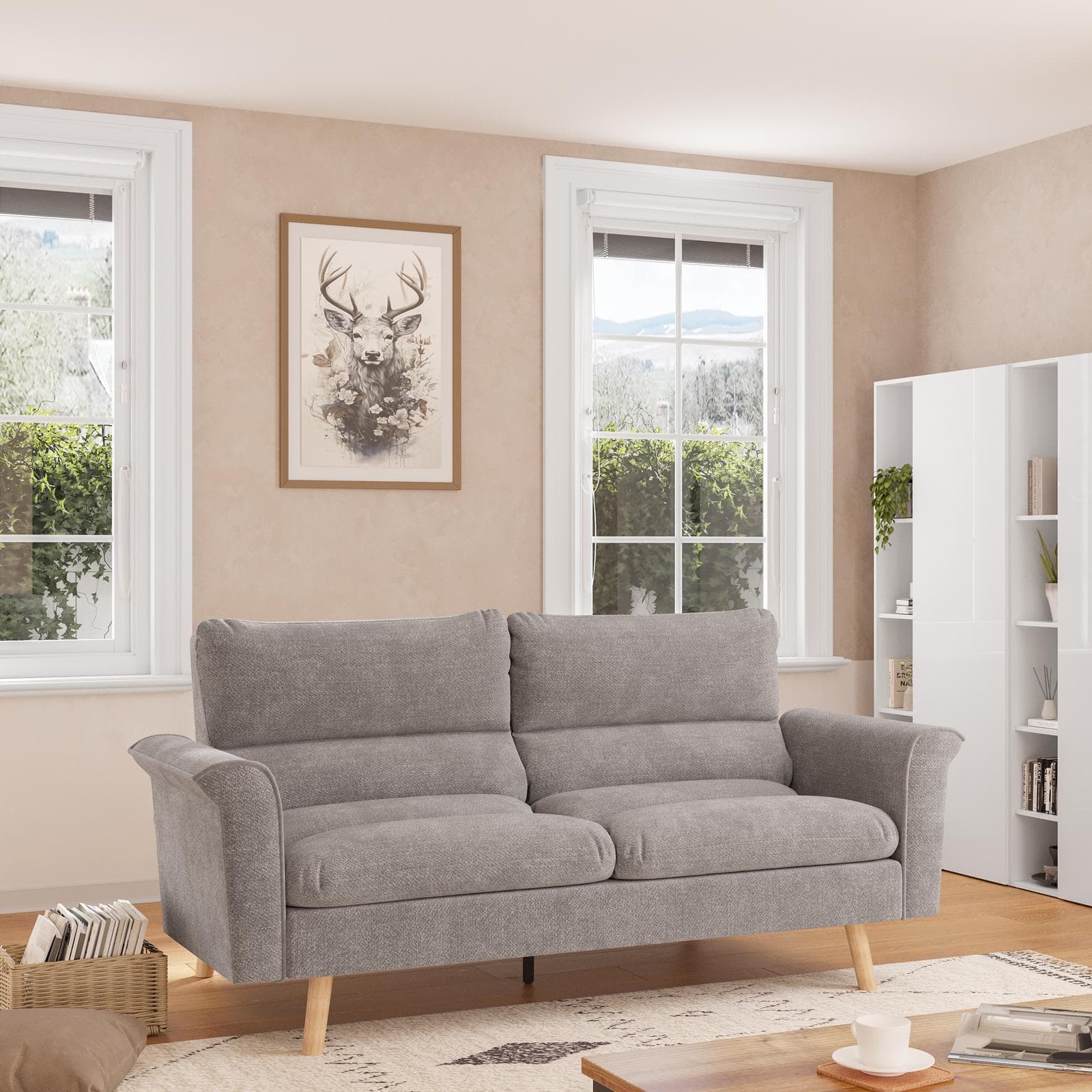 Divano letto 3 posti in tessuto effetto maglia cappuccino con gambe in legno - Jorge