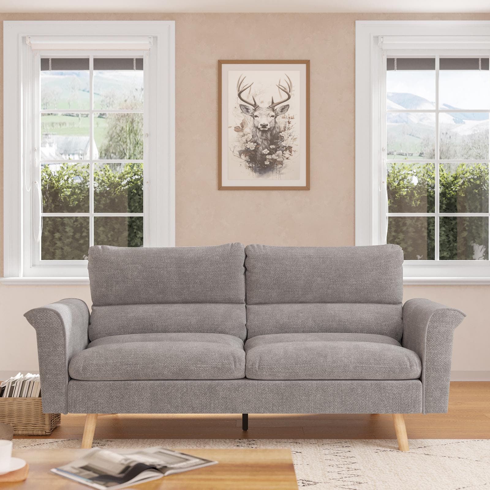 Divano letto 3 posti in tessuto effetto maglia cappuccino con gambe in legno - Jorge