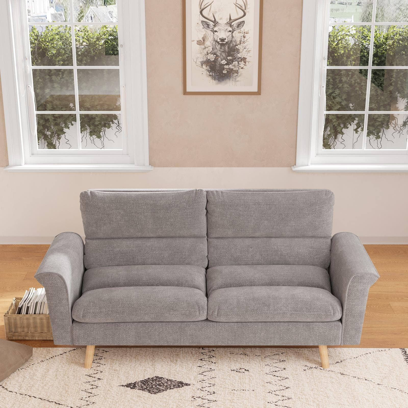 Divano letto 3 posti in tessuto effetto maglia cappuccino con gambe in legno - Jorge