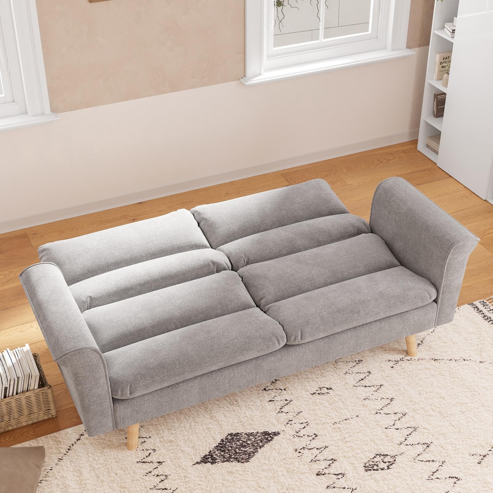 Divano letto 3 posti in tessuto effetto maglia cappuccino con gambe in legno - Jorge