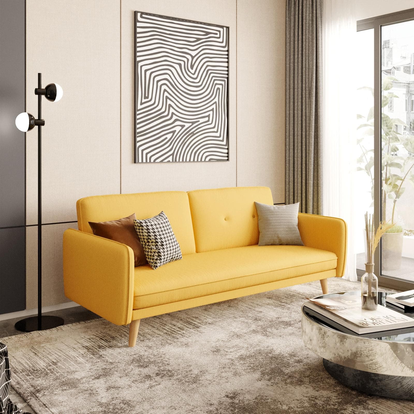 Divano letto 3 posti in tessuto giallo con gambe in legno - Tayler