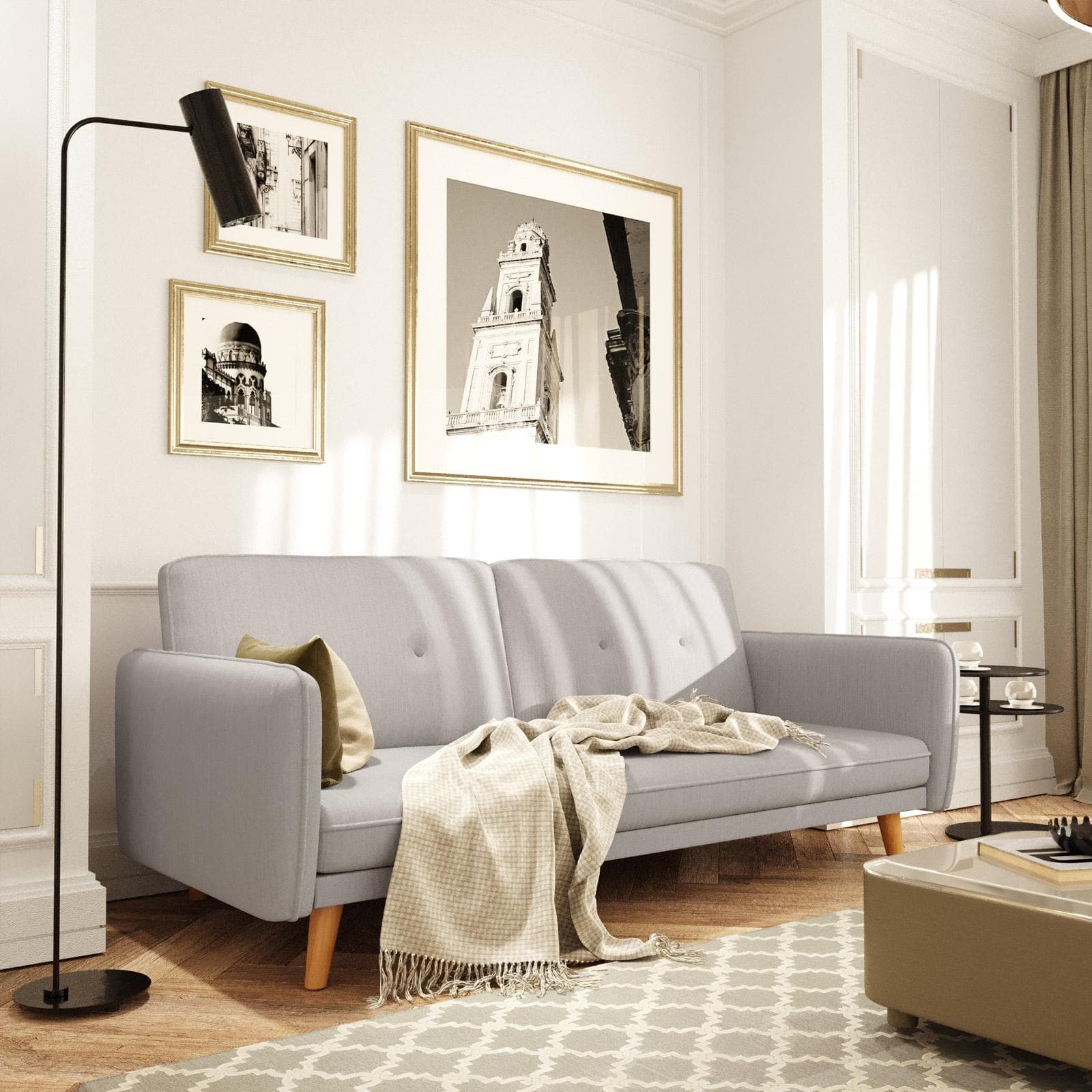 Divano letto 3 posti in tessuto grigio con gambe in legno - Tayler