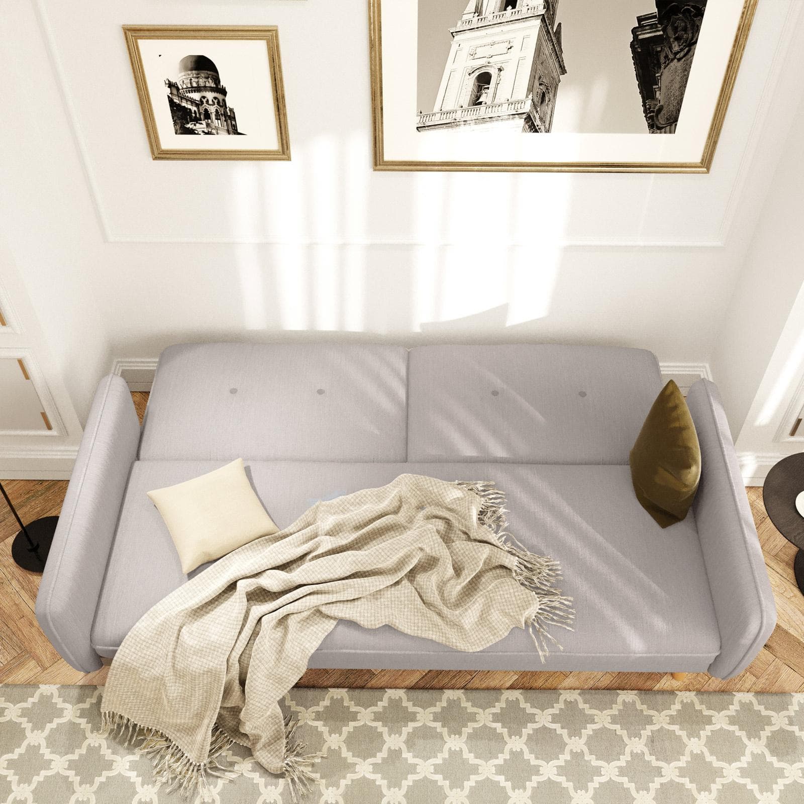 Divano letto 3 posti in tessuto grigio con gambe in legno - Tayler
