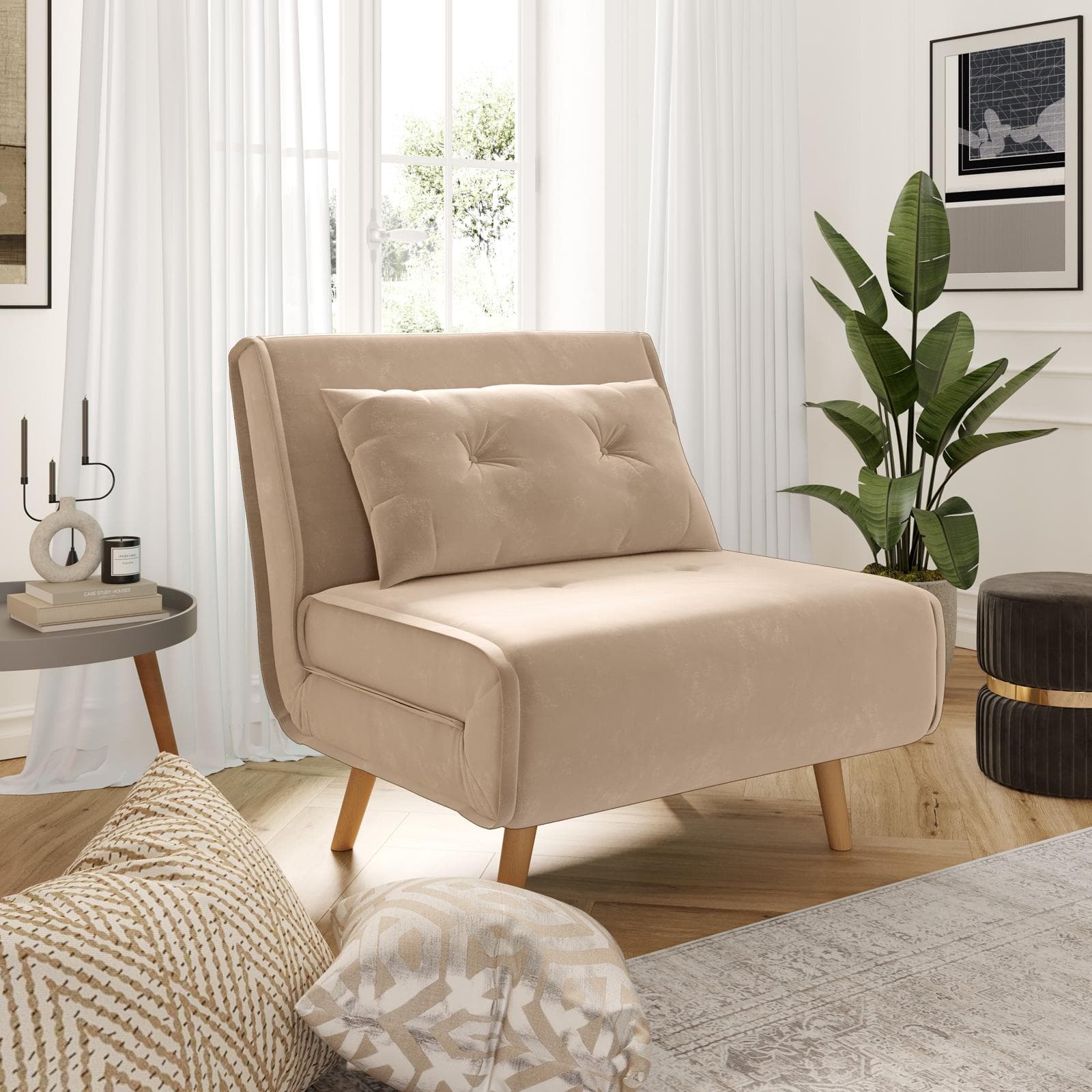 Divano letto in velluto beige con schienale regolabile in 6 posizioni - Terat